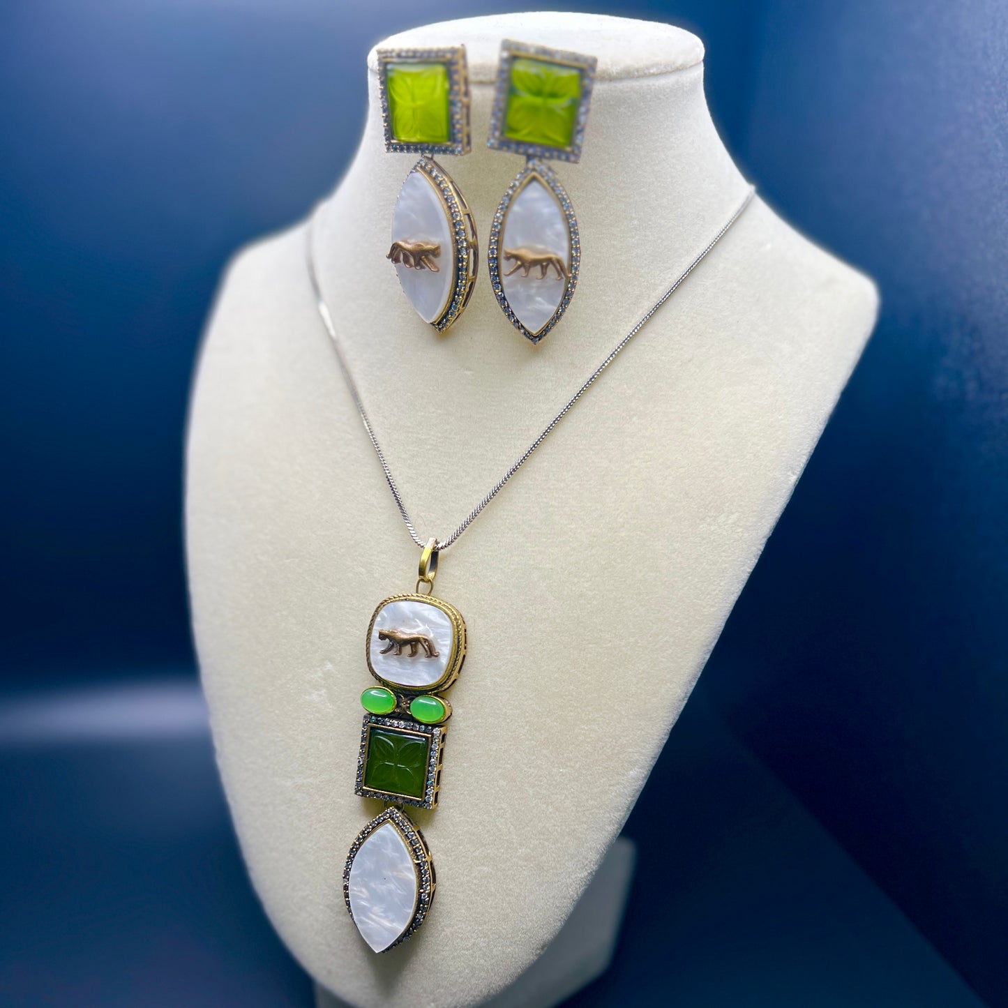 Sabyasachi- Panther Motif Carved Pendant Necklace Set with Green Onyx Accents & Dual Style Earrings