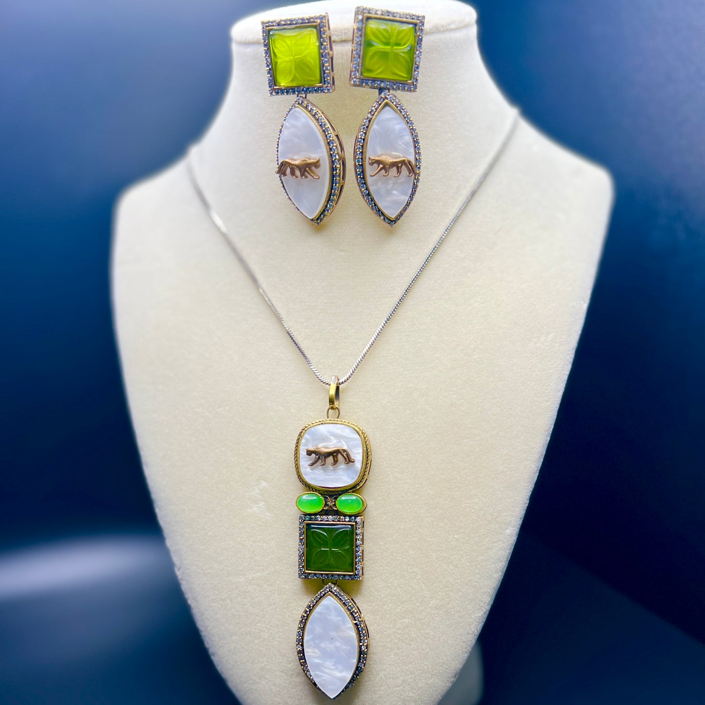 Sabyasachi- Panther Motif Carved Pendant Necklace Set with Green Onyx Accents & Dual Style Earrings