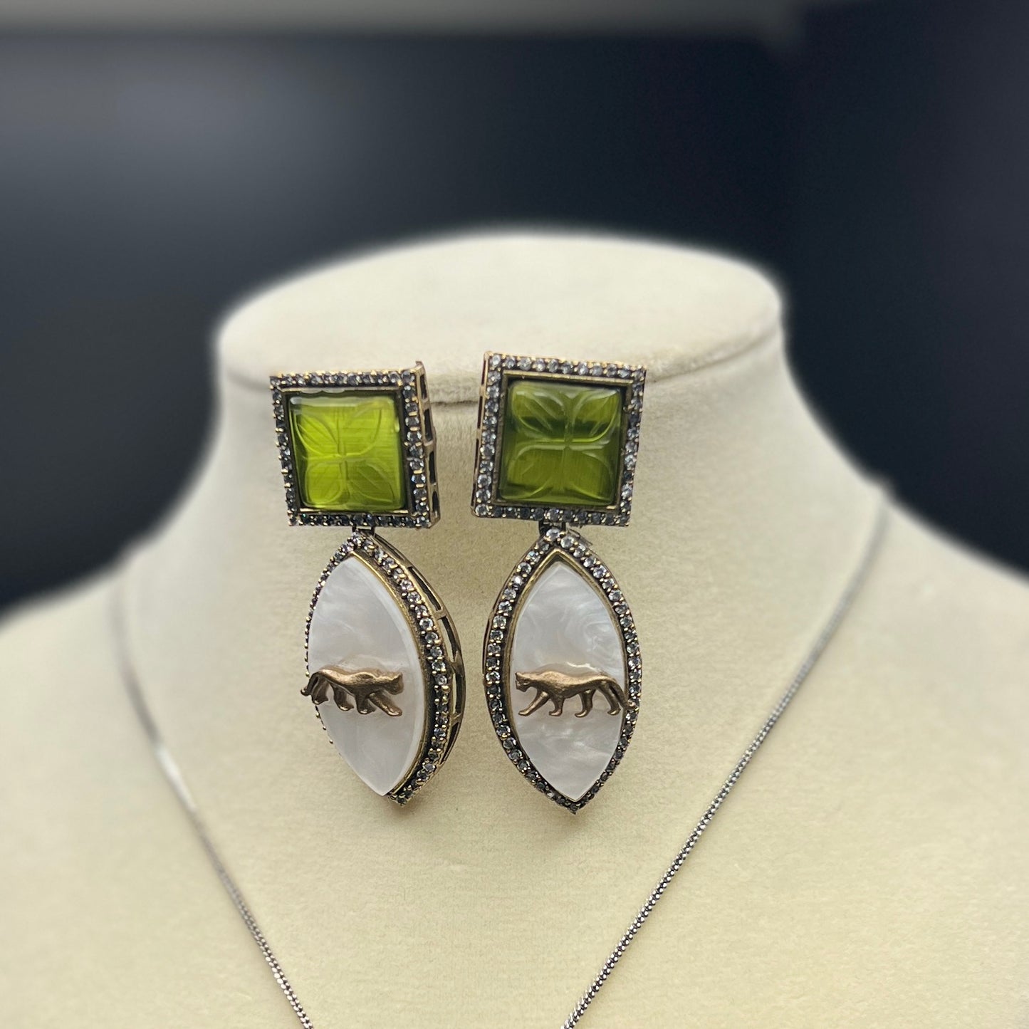 Sabyasachi- Panther Motif Carved Pendant Necklace Set with Green Onyx Accents & Dual Style Earrings
