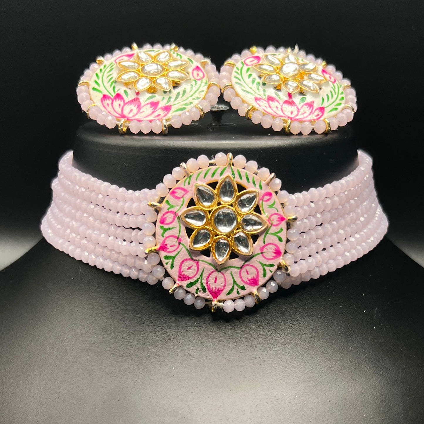 Hand-Painted Pink Lotus Choker Set with Kundan Center – Elegant Pearl Beaded Jewelry