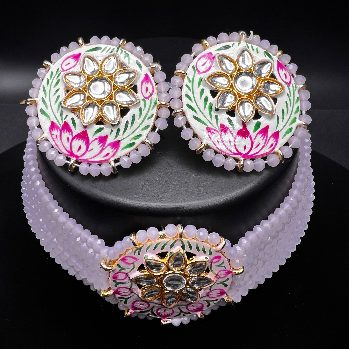 Hand-Painted Pink Lotus Choker Set with Kundan Center – Elegant Pearl Beaded Jewelry