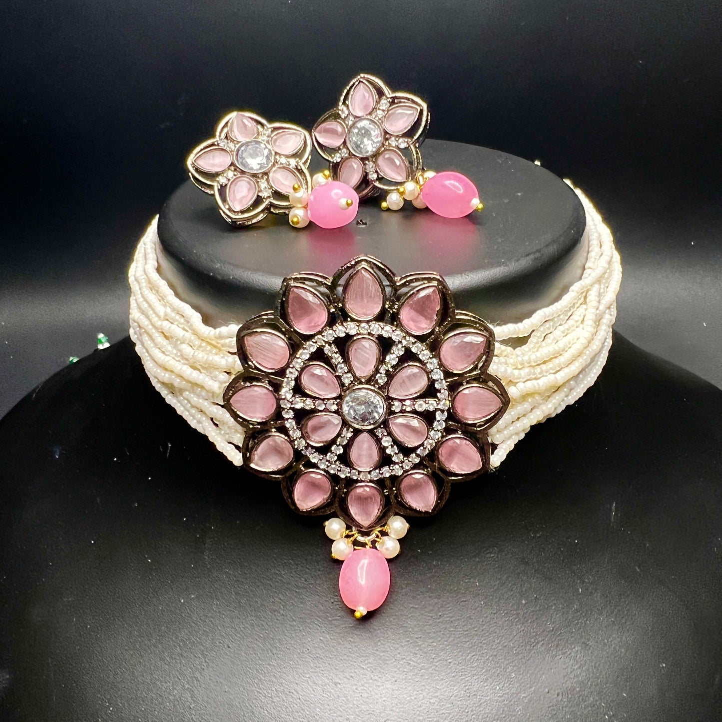 Floral Pink Stone & Pearl Choker Set with Matching Earrings – Bridal & Festive Jewelry