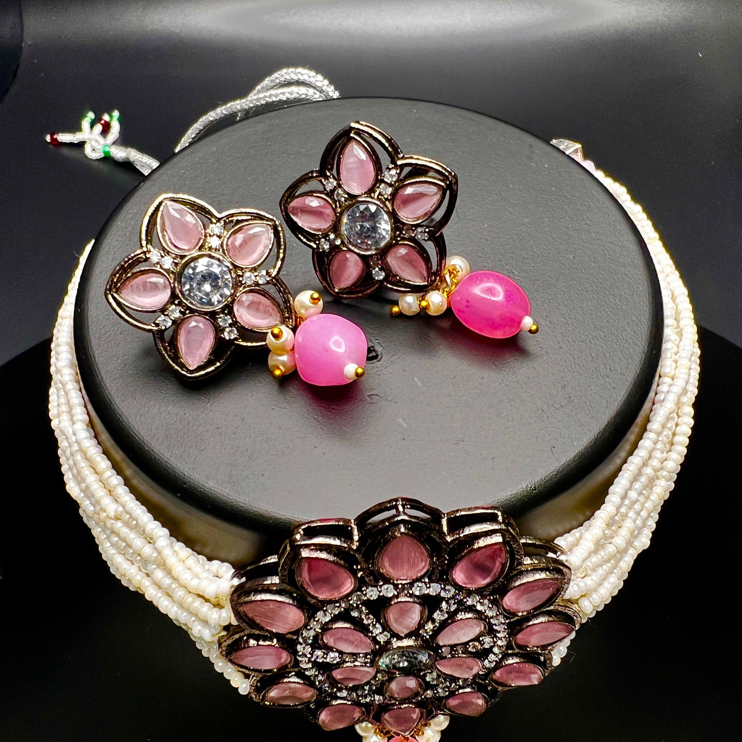 Floral Pink Stone & Pearl Choker Set with Matching Earrings – Bridal & Festive Jewelry