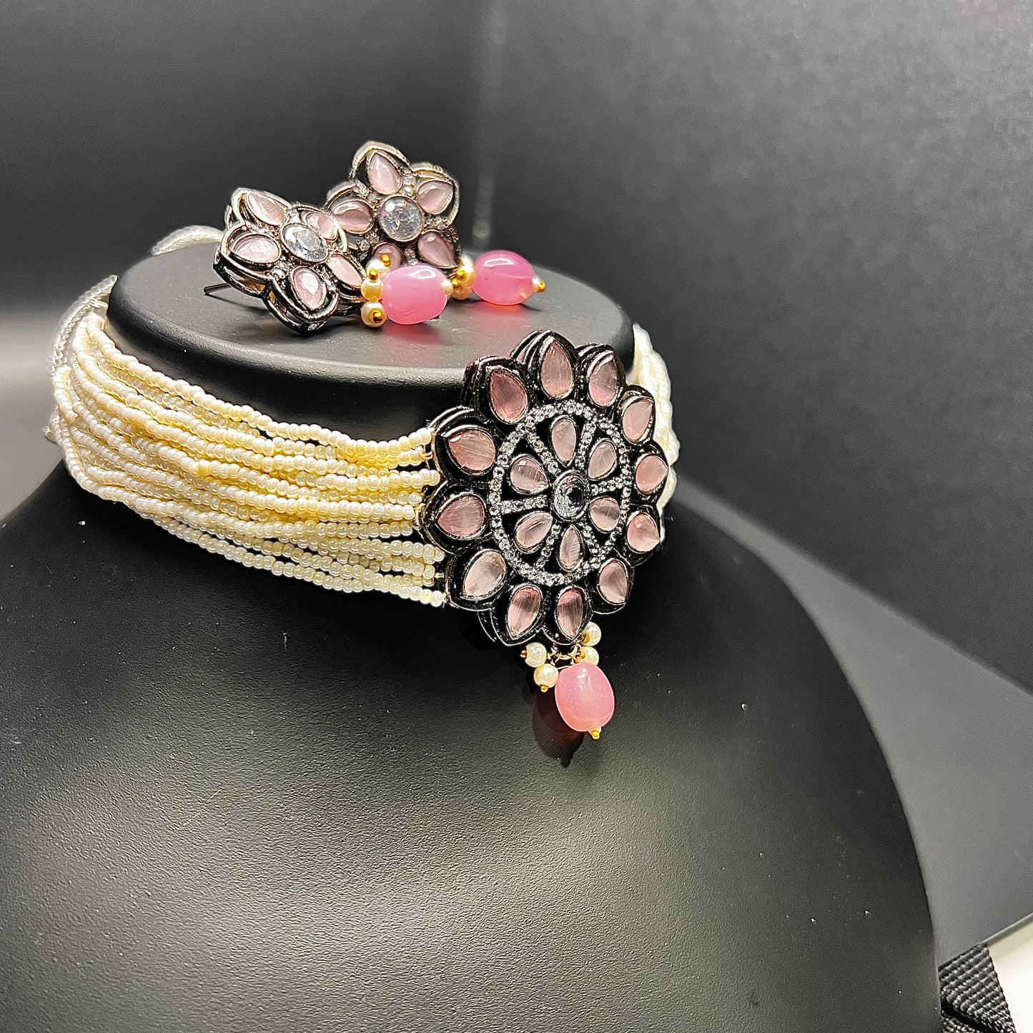 Floral Pink Stone & Pearl Choker Set with Matching Earrings – Bridal & Festive Jewelry