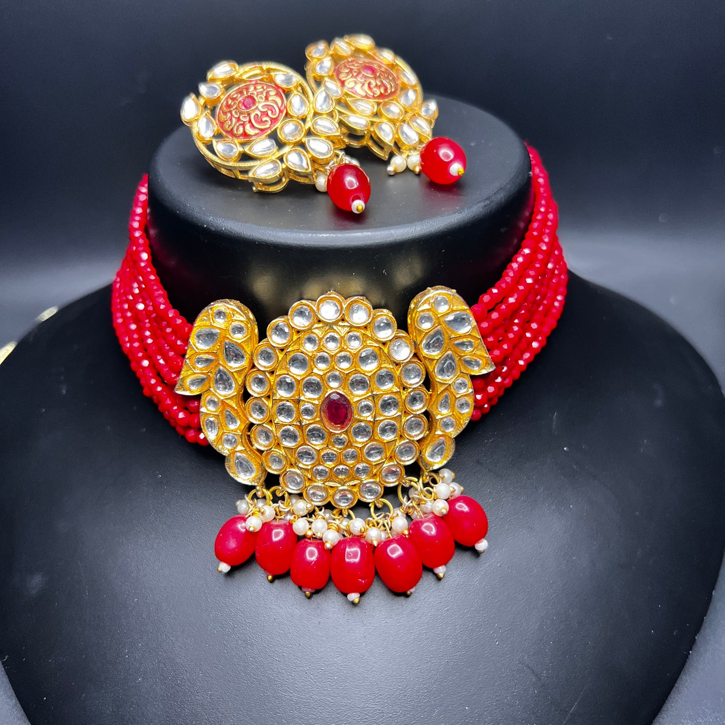 Kundan Red Bead Choker Set with Statement Earrings – Traditional Bridal Jewelry|Best Seller|Gift for Her