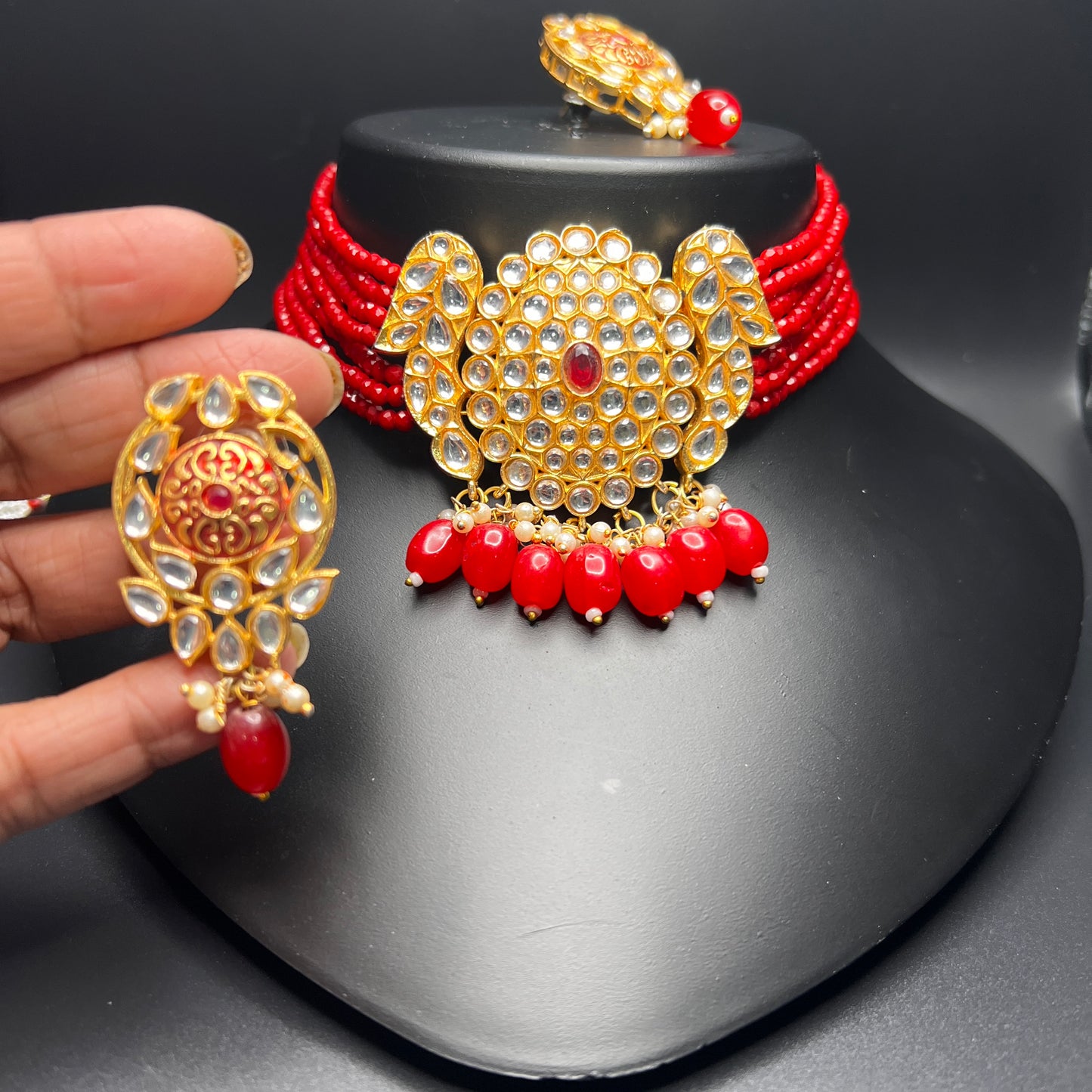 Kundan Red Bead Choker Set with Statement Earrings – Traditional Bridal Jewelry|Best Seller|Gift for Her