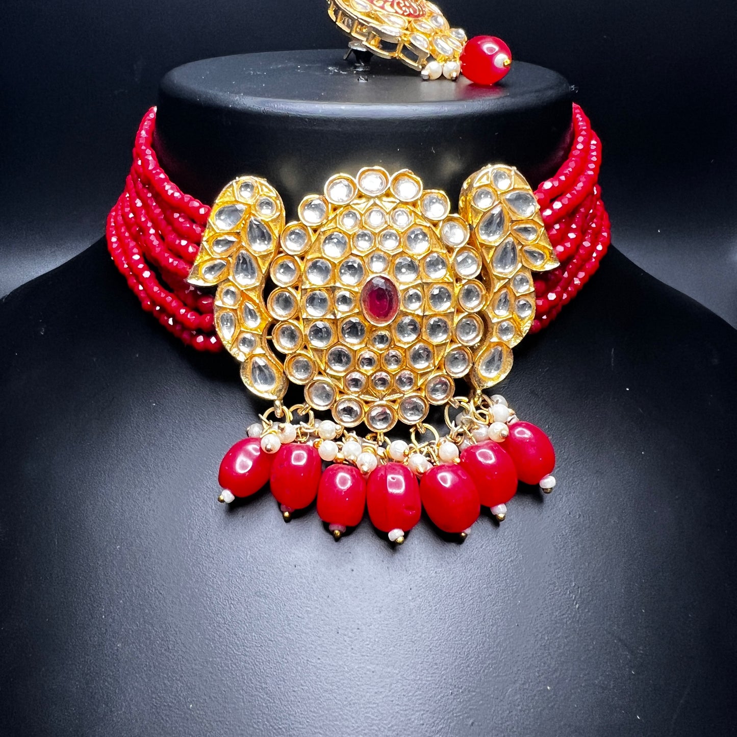 Kundan Red Bead Choker Set with Statement Earrings – Traditional Bridal Jewelry|Best Seller|Gift for Her
