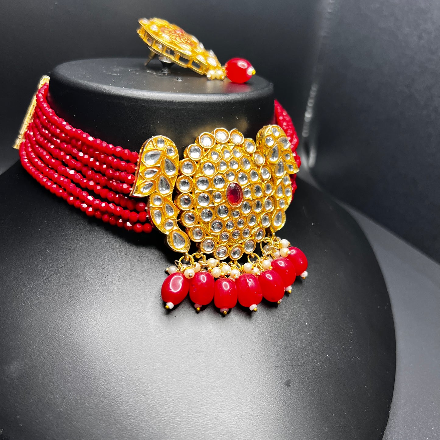 Kundan Red Bead Choker Set with Statement Earrings – Traditional Bridal Jewelry|Best Seller|Gift for Her