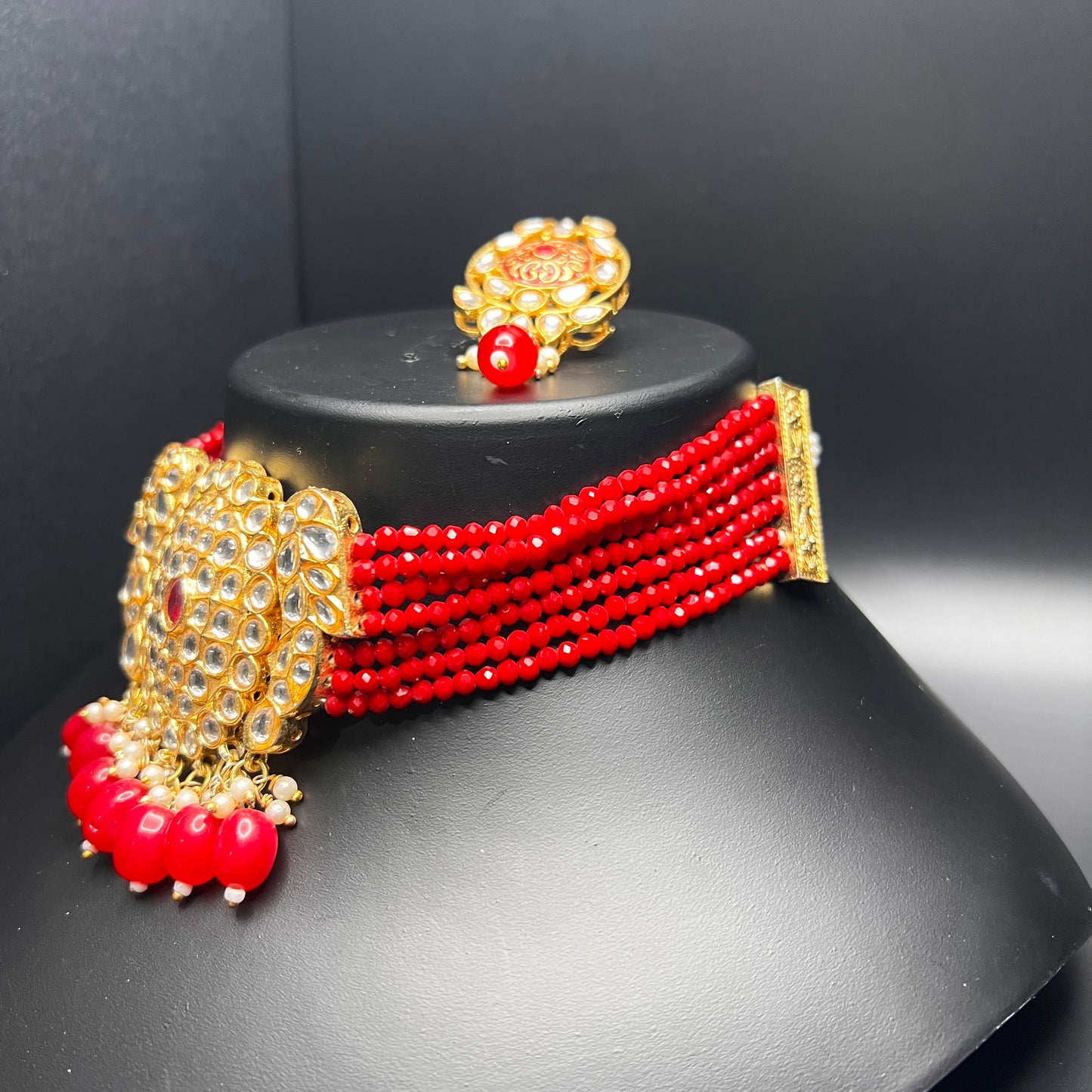 Kundan Red Bead Choker Set with Statement Earrings – Traditional Bridal Jewelry|Best Seller|Gift for Her