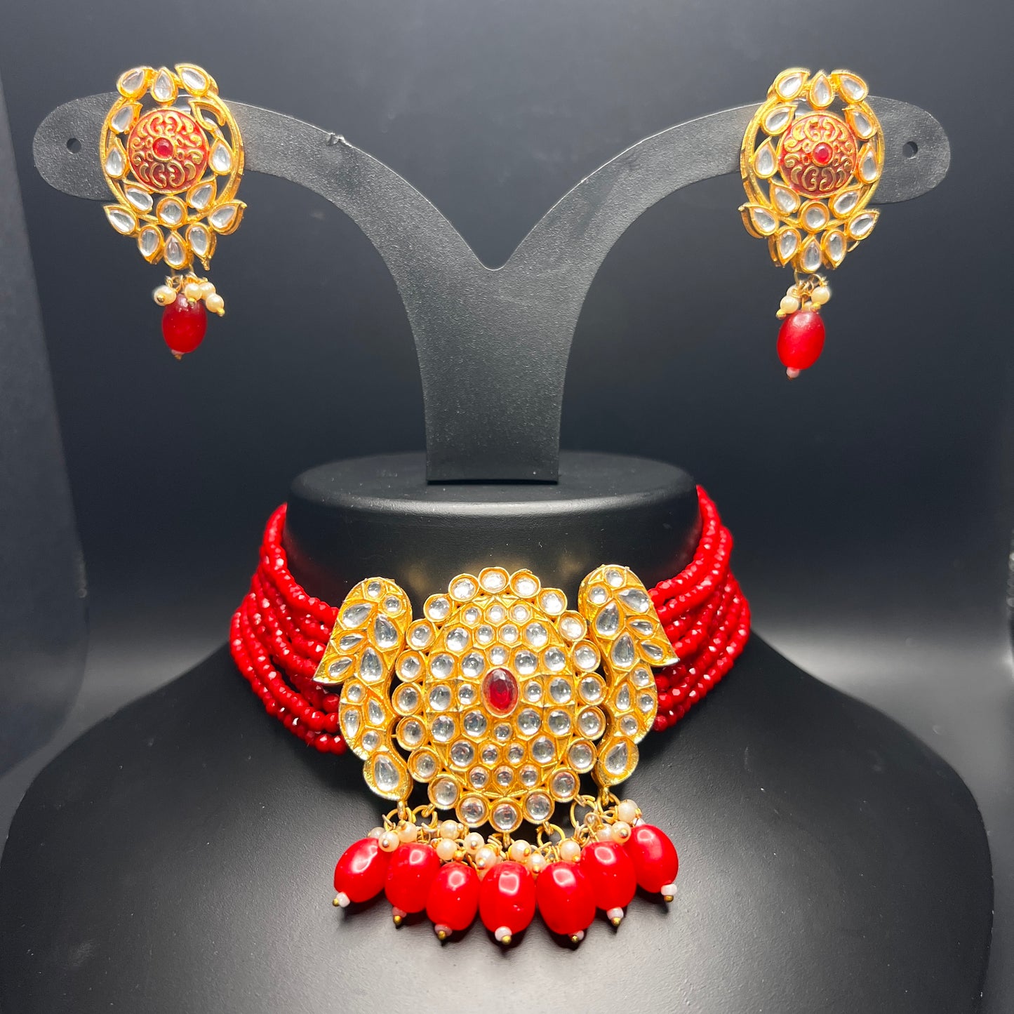 Kundan Red Bead Choker Set with Statement Earrings – Traditional Bridal Jewelry|Best Seller|Gift for Her