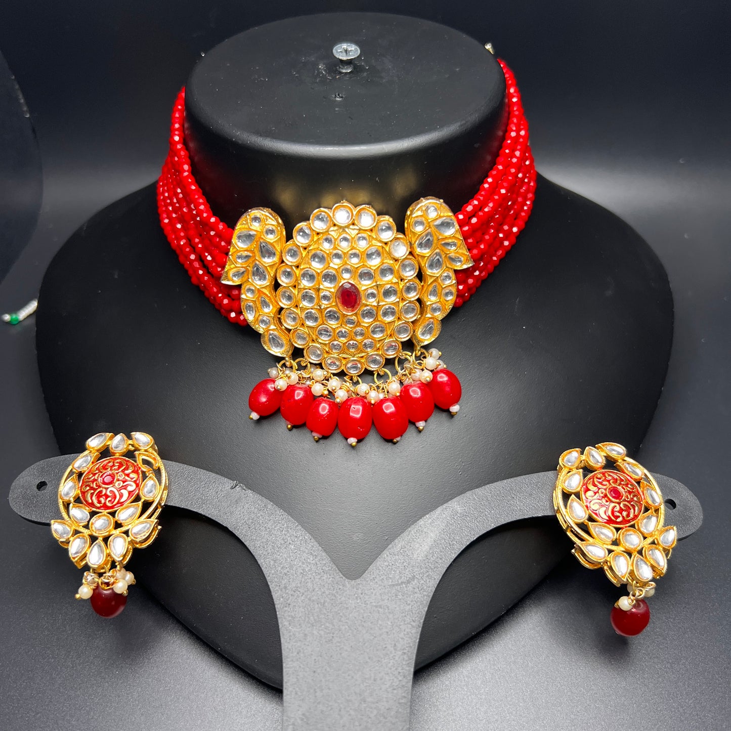 Kundan Red Bead Choker Set with Statement Earrings – Traditional Bridal Jewelry|Best Seller|Gift for Her