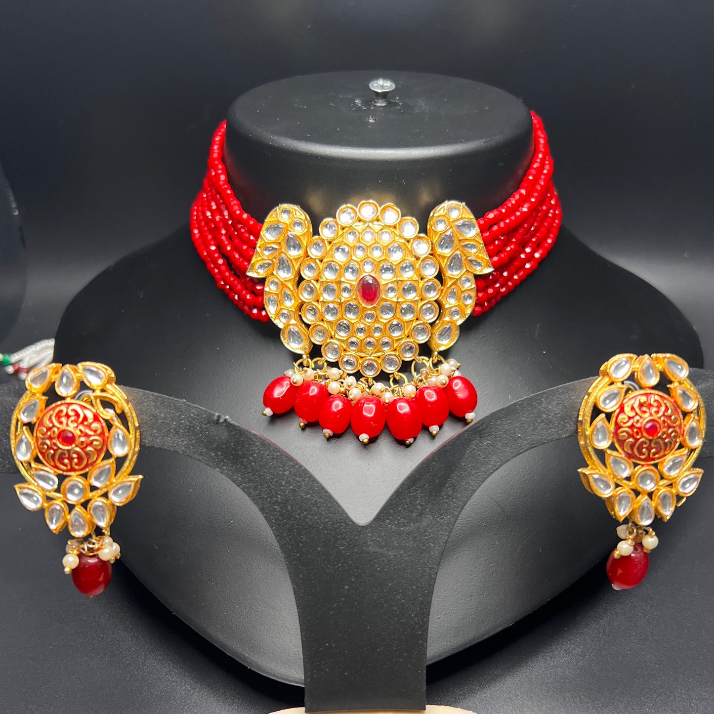 Kundan Red Bead Choker Set with Statement Earrings – Traditional Bridal Jewelry|Best Seller|Gift for Her