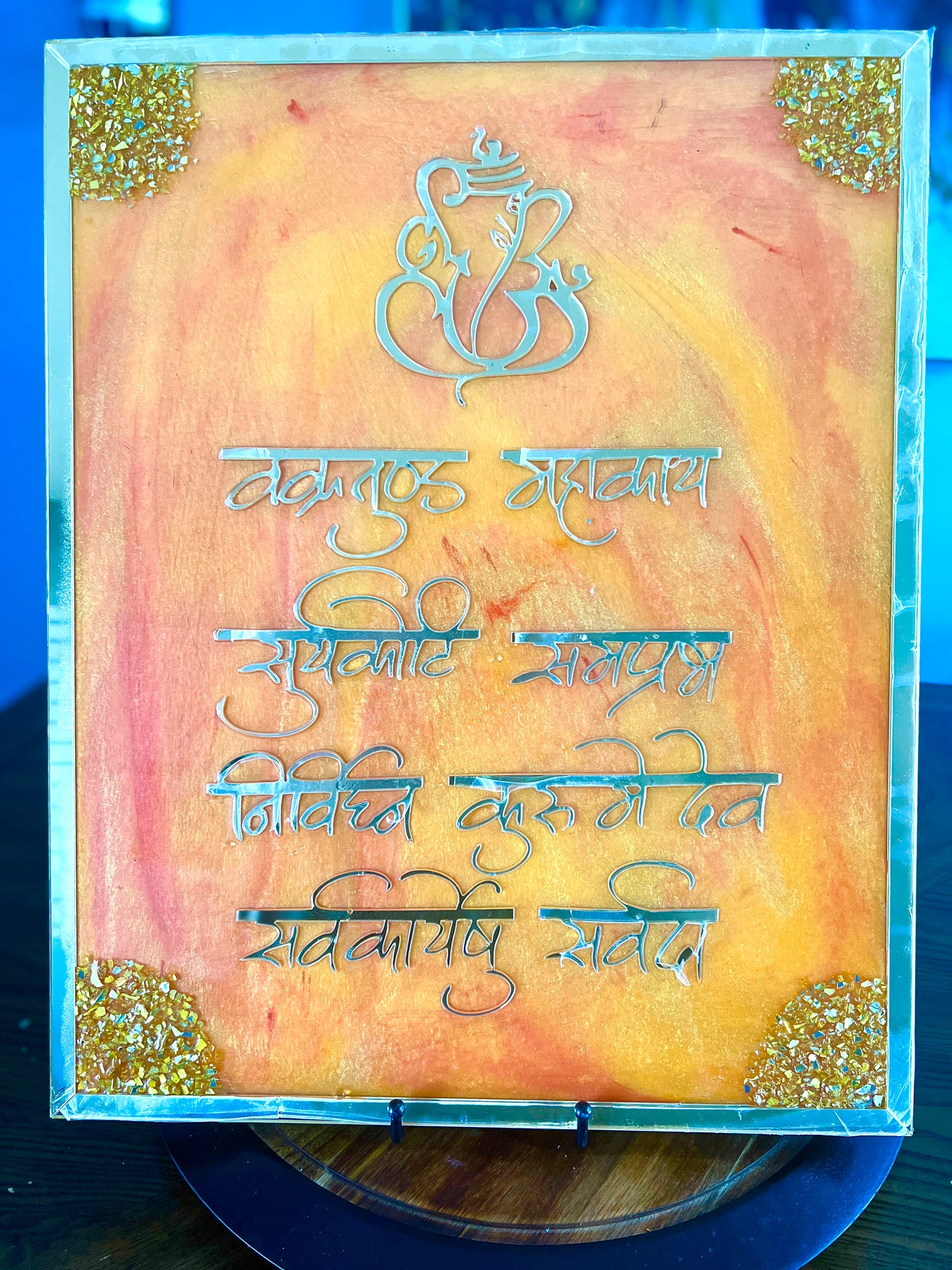 Ganesh Mantra and Frame with Ganesh symbol Resin Art