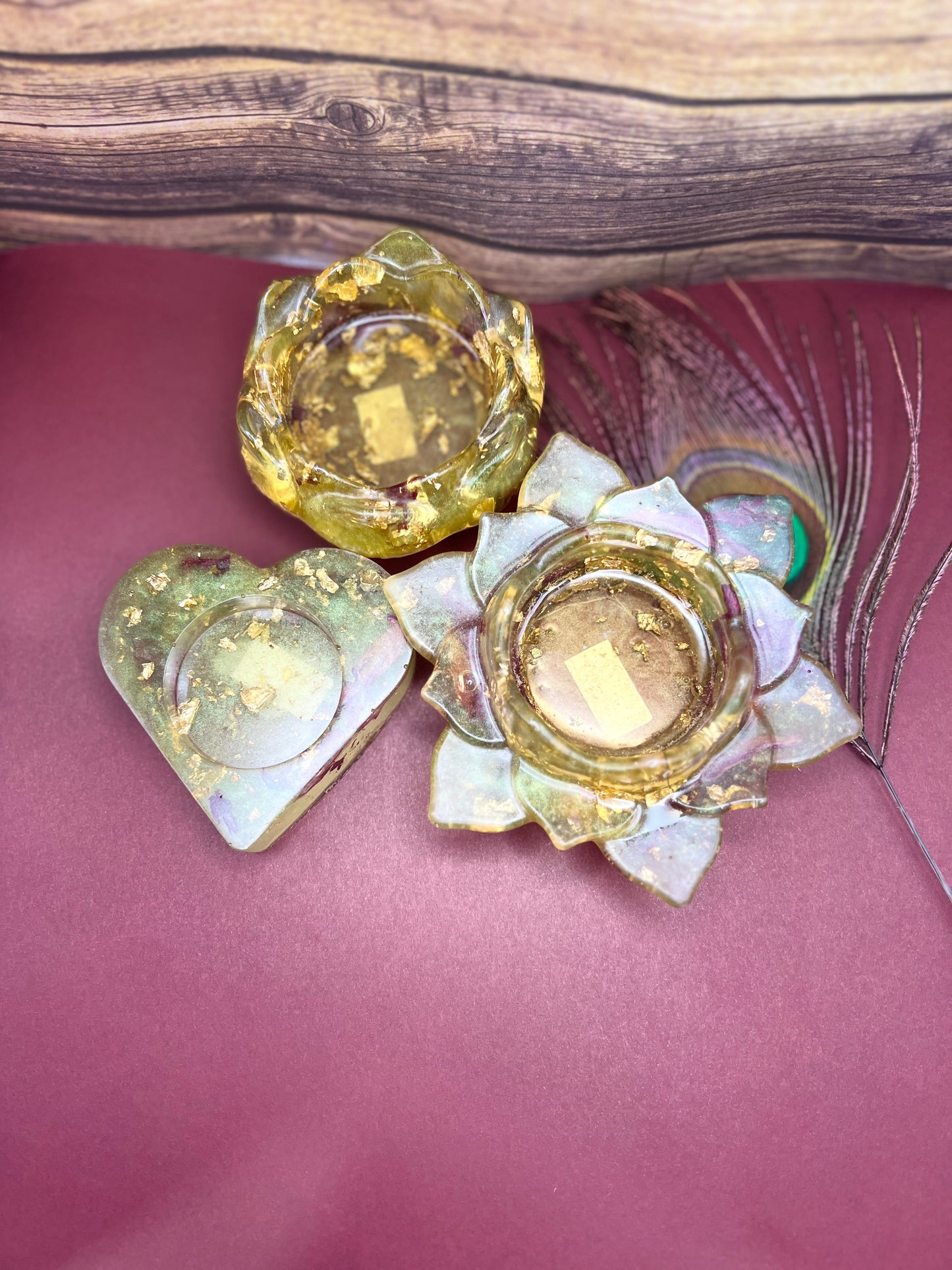 Handmade Resin Tealight Candle Holders – Gold Foil Lotus, flower & Heart Set for Diwali, Home Decor, Gifting