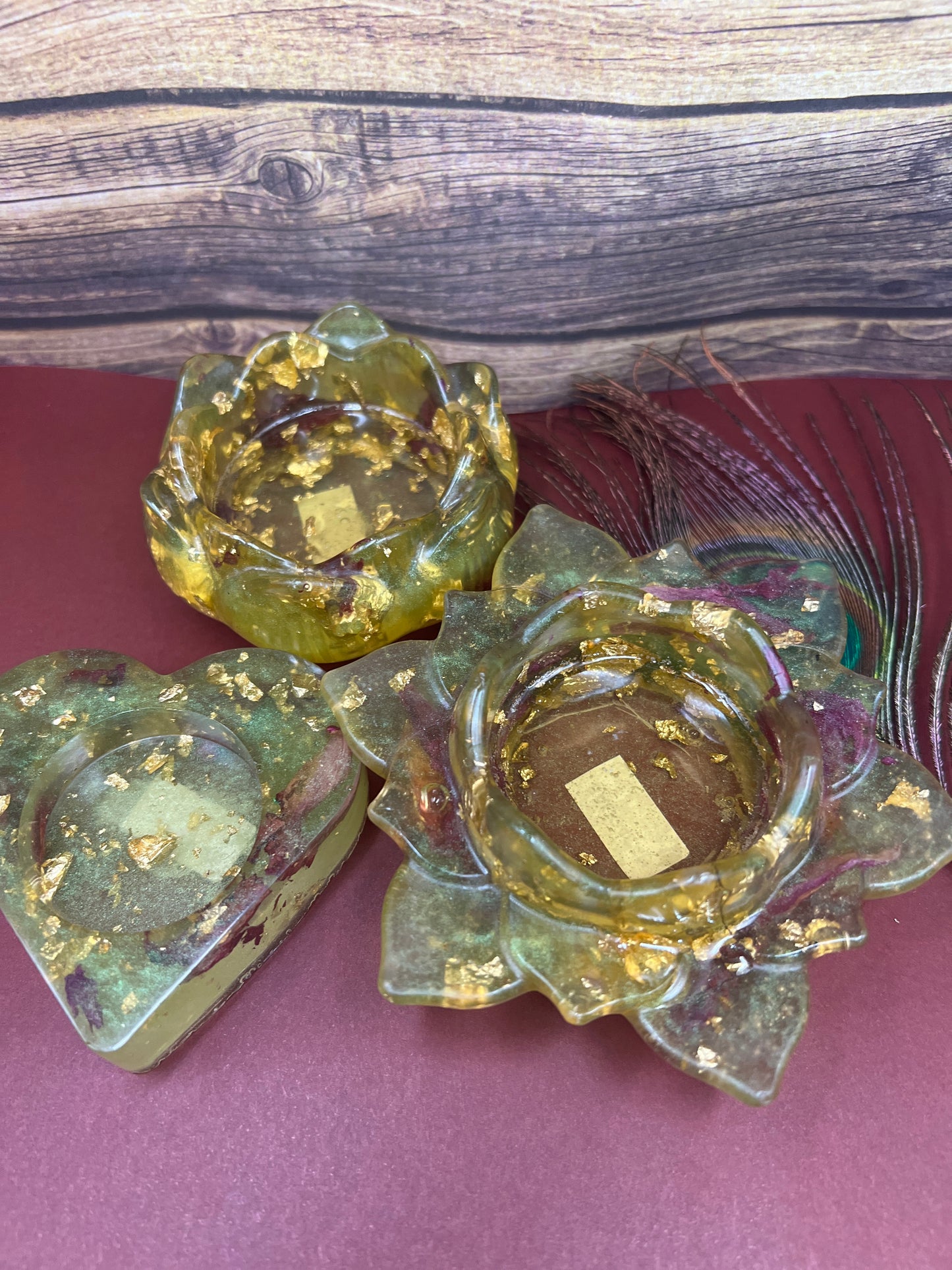 Handmade Resin Tealight Candle Holders – Gold Foil Lotus, flower & Heart Set for Diwali, Home Decor, Gifting