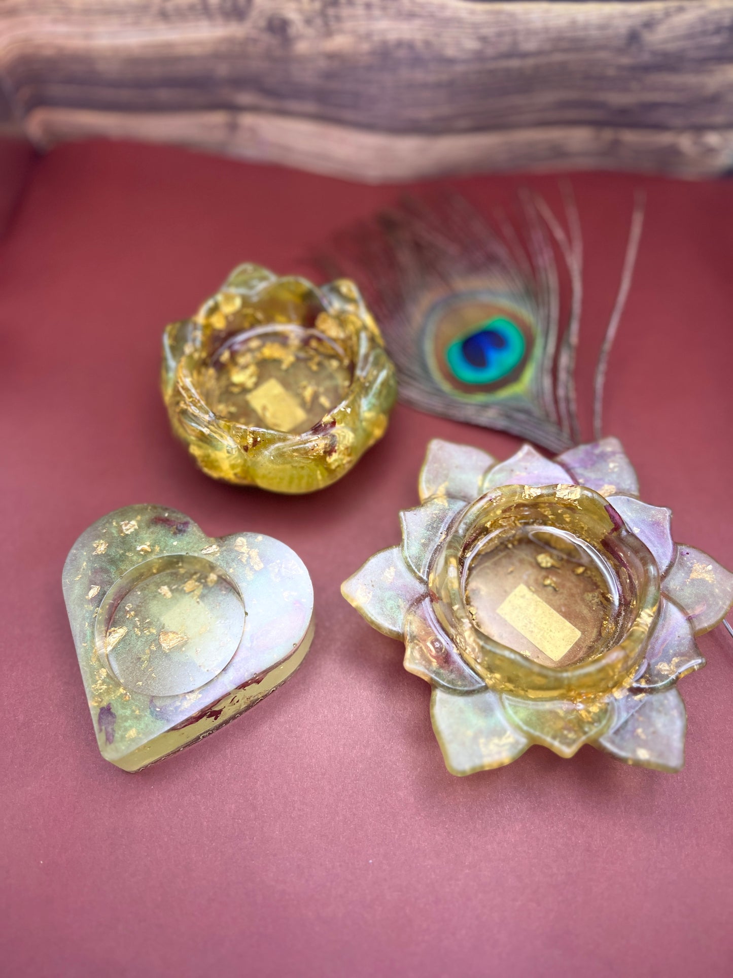 Handmade Resin Tealight Candle Holders – Gold Foil Lotus, flower & Heart Set for Diwali, Home Decor, Gifting