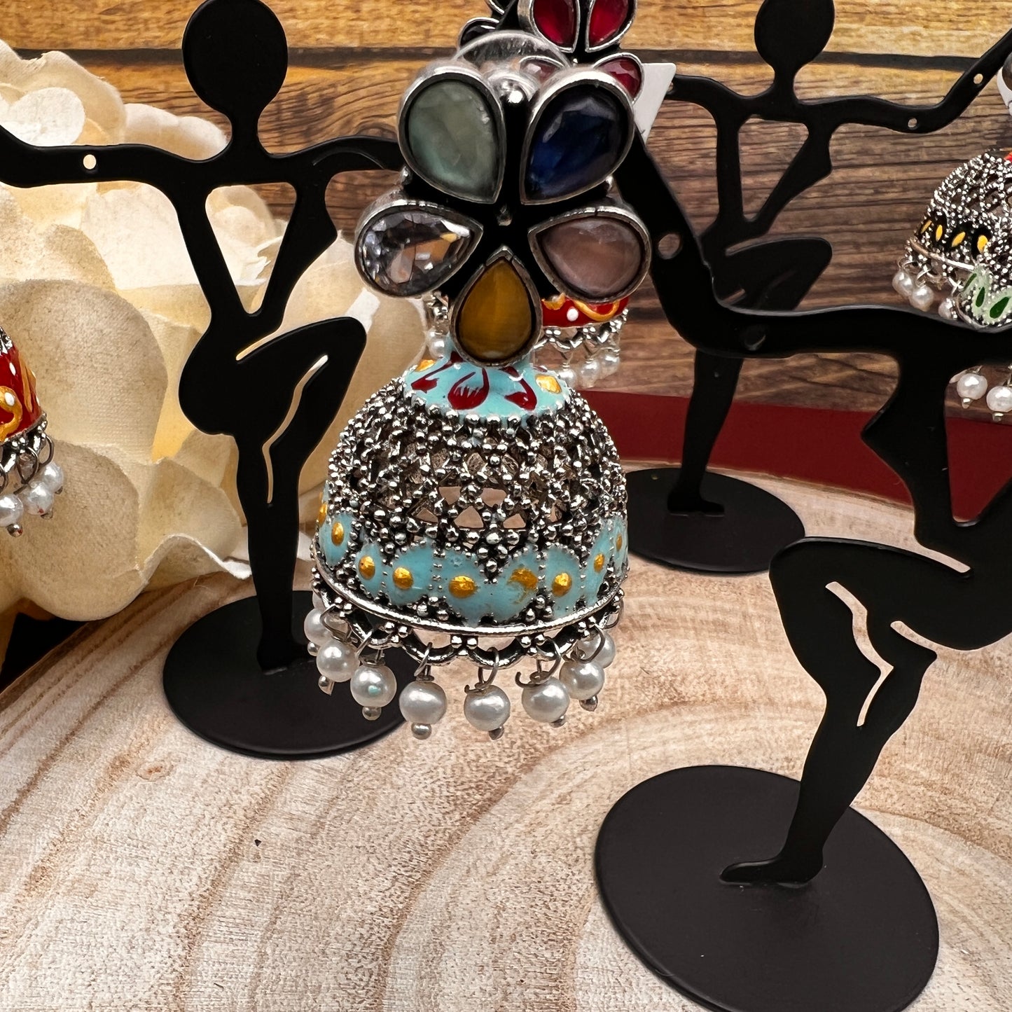Oxidized Silver Jhumka Earrings with Multicolor Stones | Floral Dome Indian Earrings | Boho Tribal Ethnic Jewelry | Gift for Her