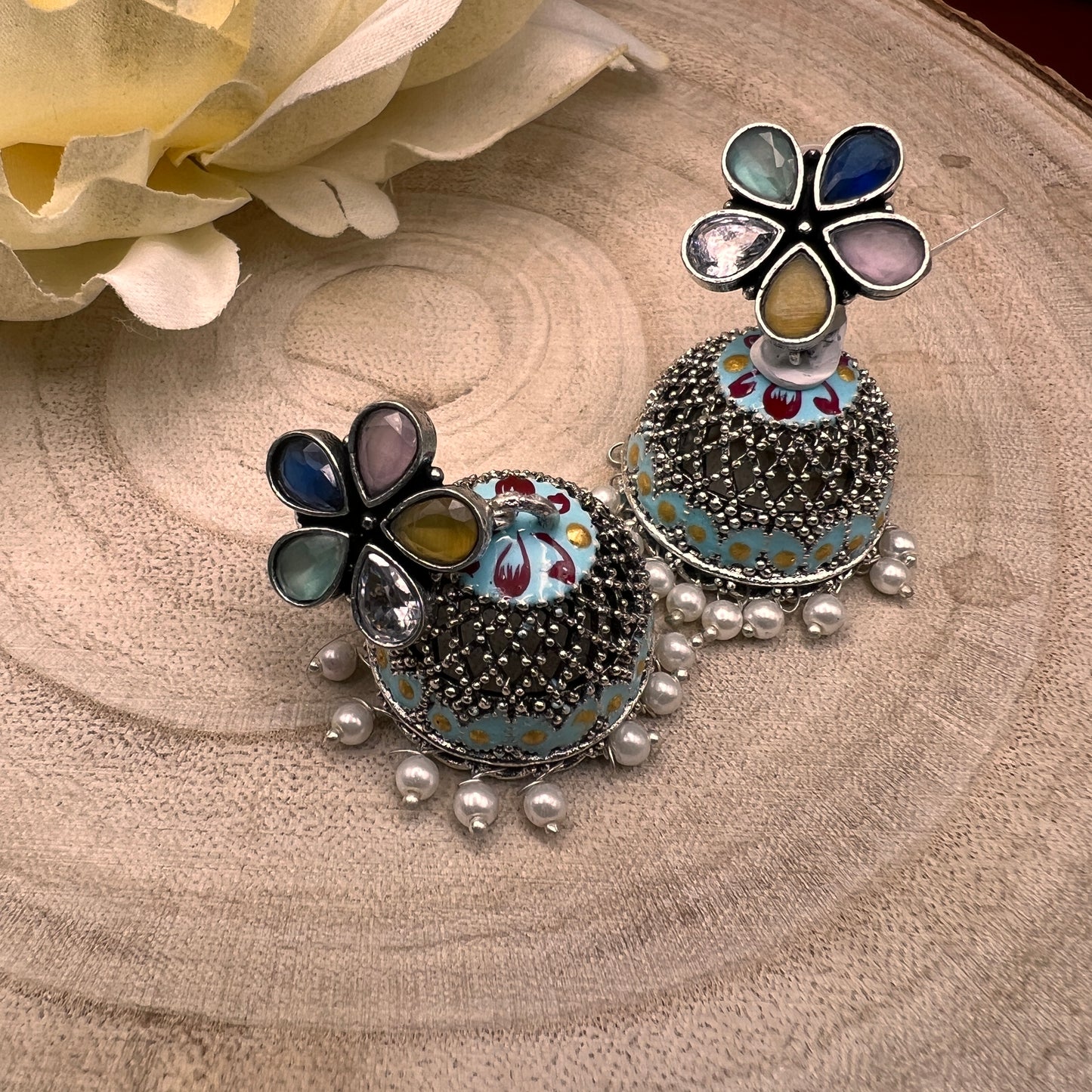 Oxidized Silver Jhumka Earrings with Multicolor Stones | Floral Dome Indian Earrings | Boho Tribal Ethnic Jewelry | Gift for Her