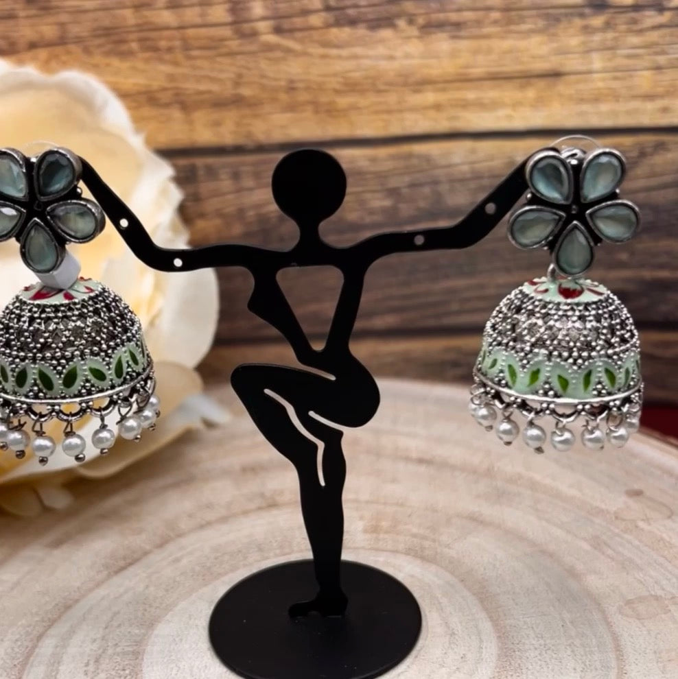 Oxidized Silver Jhumka Earrings with Multicolor Stones | Floral Dome Indian Earrings | Boho Tribal Ethnic Jewelry | Gift for Her