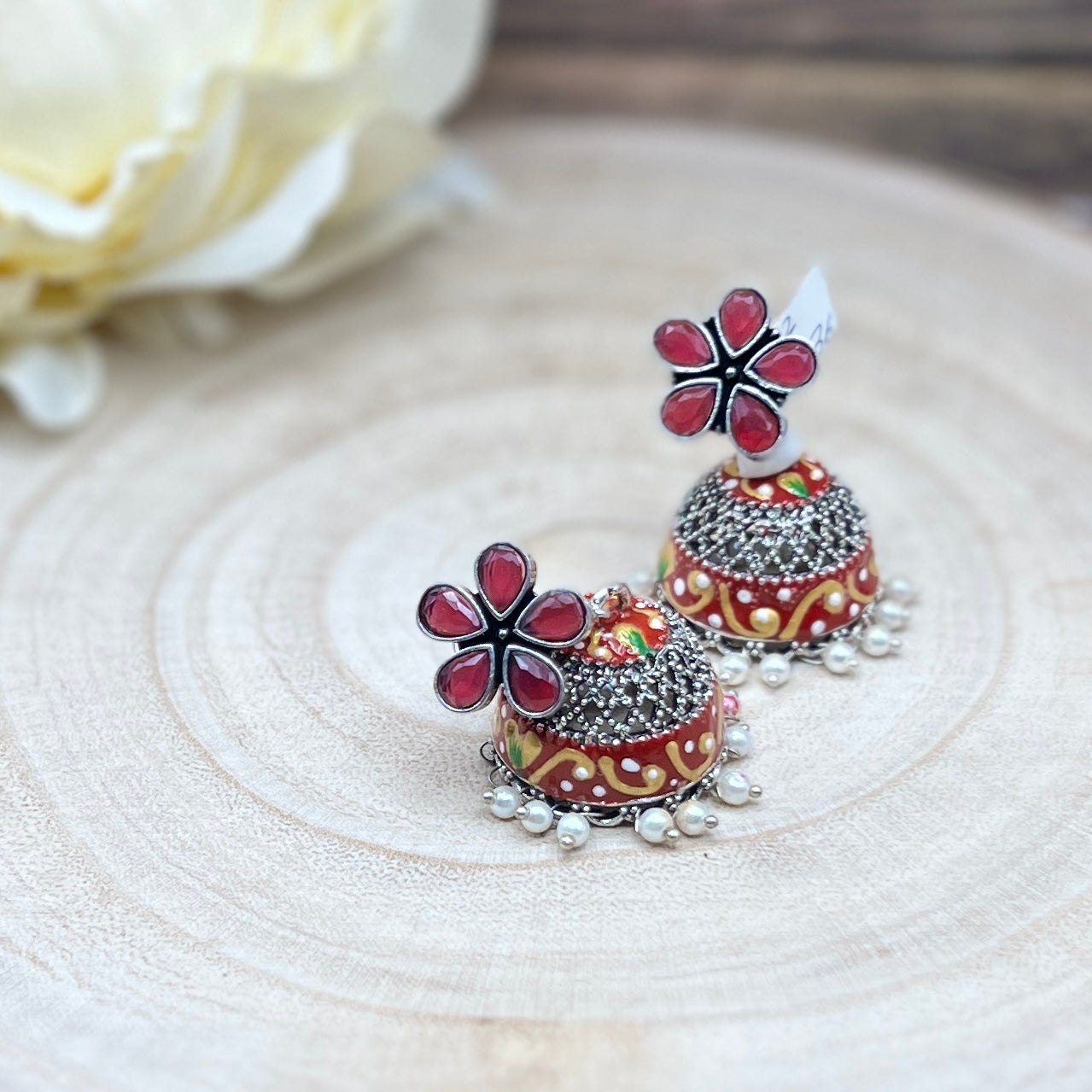 Oxidized Silver Jhumka Earrings with Multicolor Stones | Floral Dome Indian Earrings | Boho Tribal Ethnic Jewelry | Gift for Her