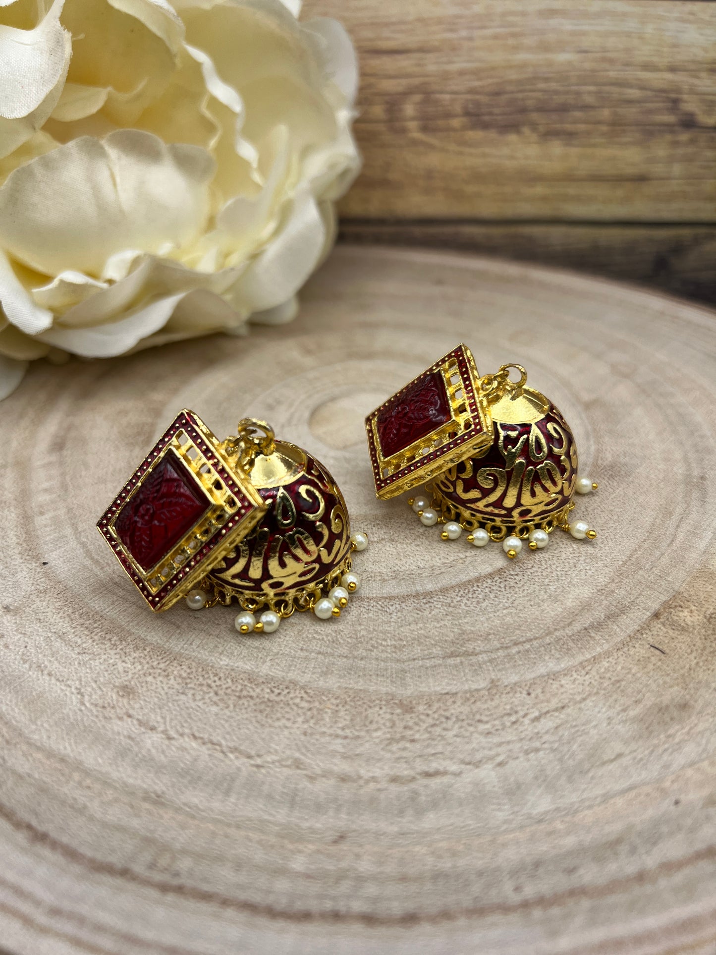 Royal Red Enamel Jhumka Earrings | Gold Plated Handcrafted Statement Jewelry | Ethnic Festival Wear Earrings | Indian Wedding Jewelry