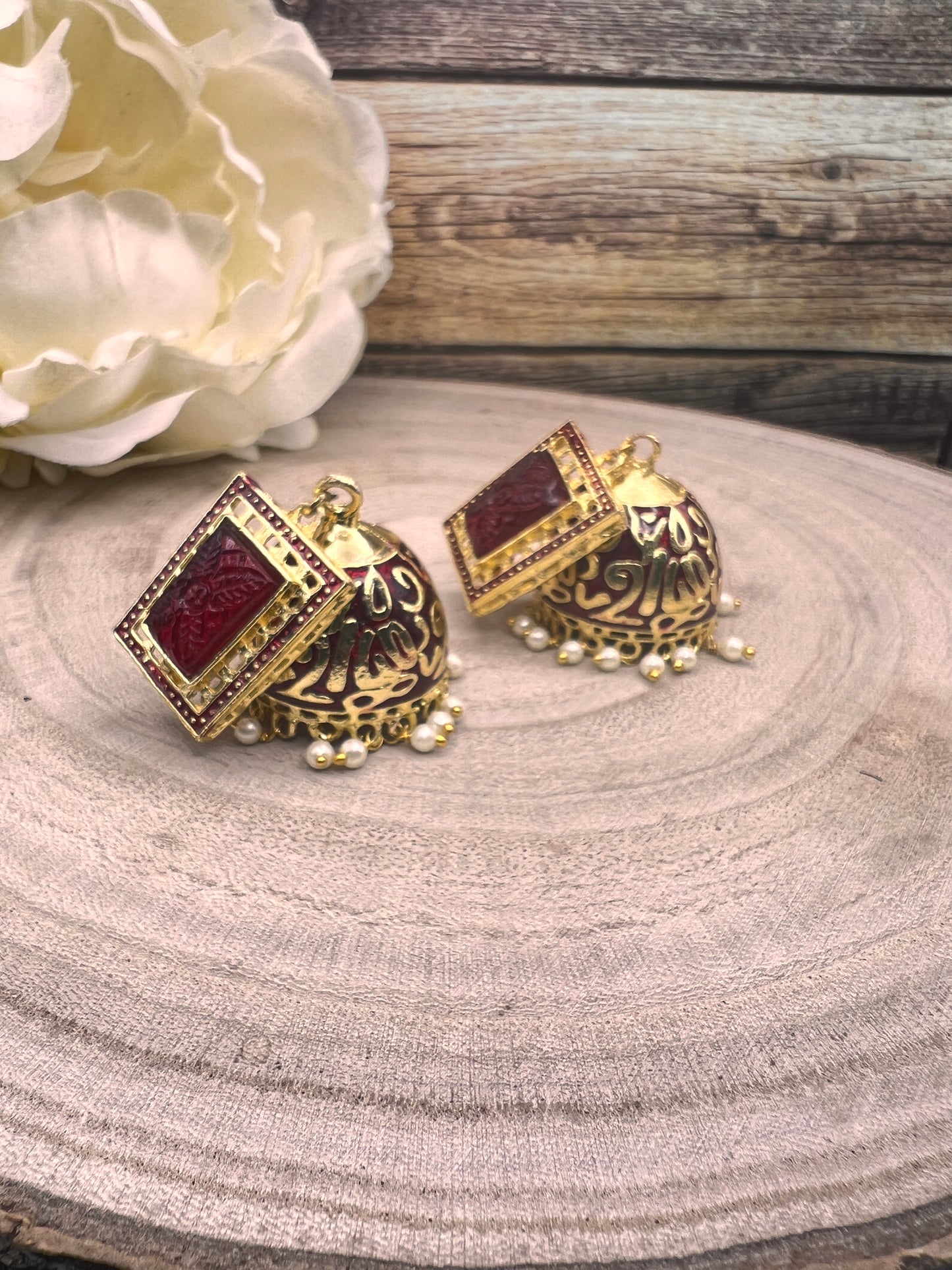 Royal Red Enamel Jhumka Earrings | Gold Plated Handcrafted Statement Jewelry | Ethnic Festival Wear Earrings | Indian Wedding Jewelry