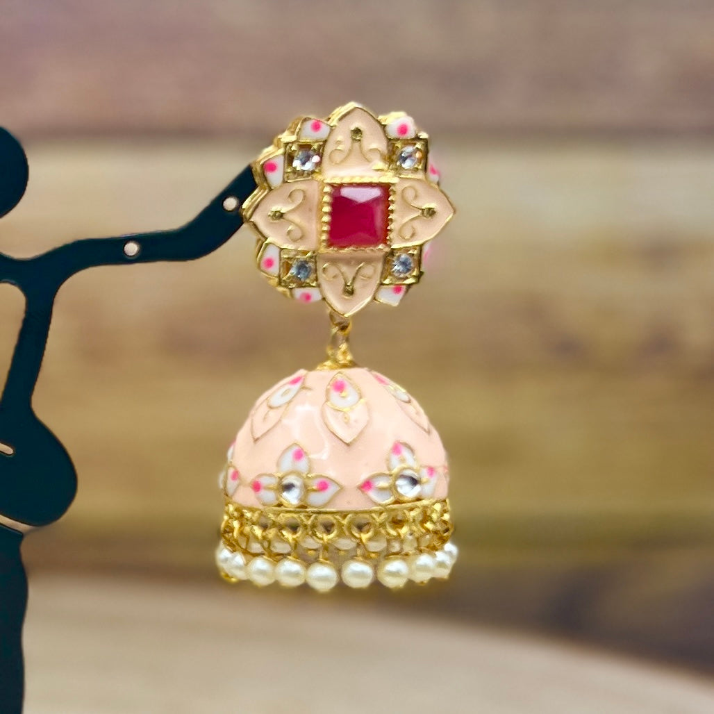 Pink Enamel Jhumka Earrings with Pearls | Traditional Indian Dome Earrings | Kundan Work Ethnic Jewelry | Wedding Festive Gift for Her