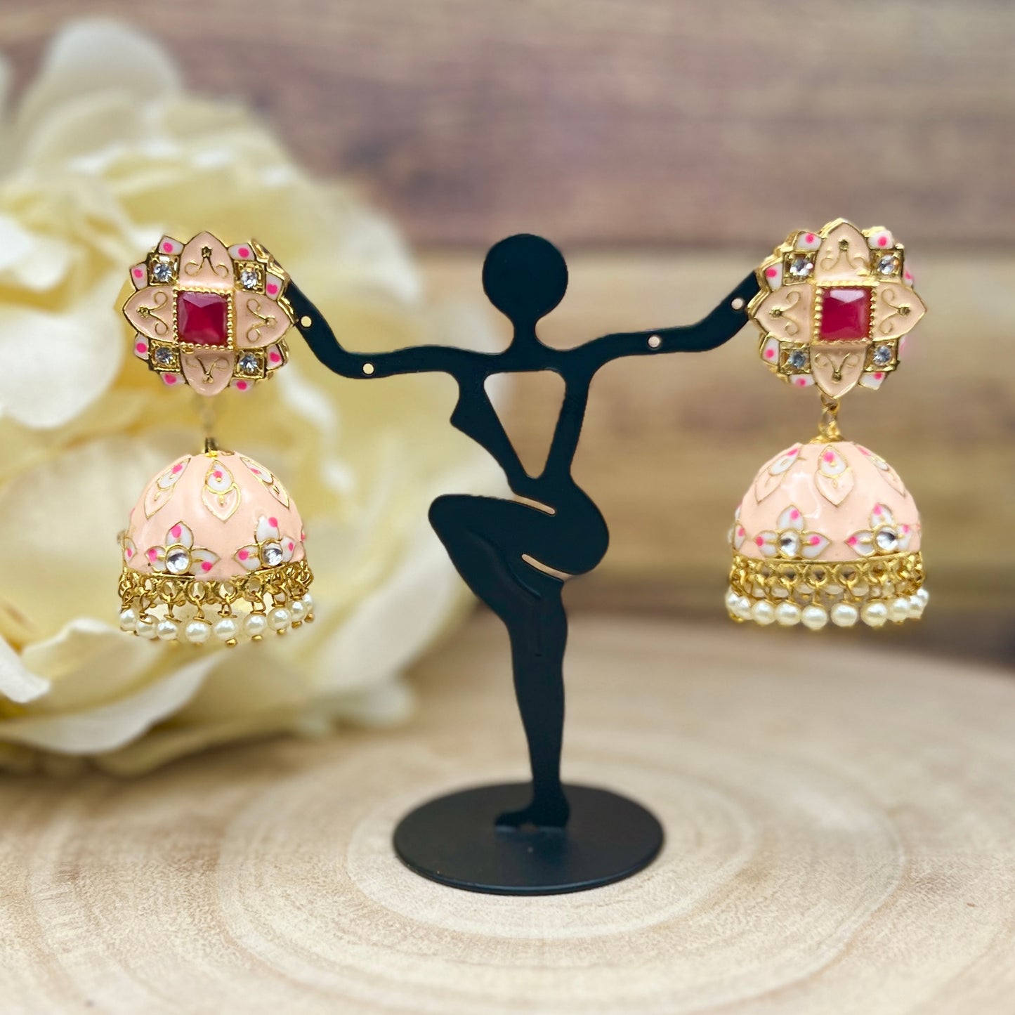 Pink Enamel Jhumka Earrings with Pearls | Traditional Indian Dome Earrings | Kundan Work Ethnic Jewelry | Wedding Festive Gift for Her