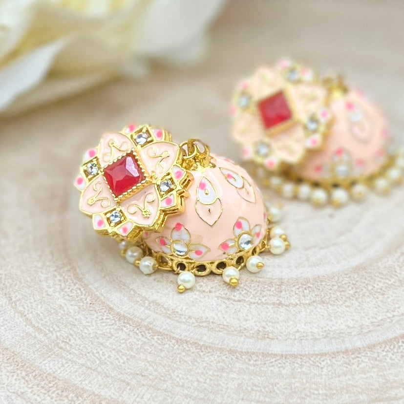 Pink Enamel Jhumka Earrings with Pearls | Traditional Indian Dome Earrings | Kundan Work Ethnic Jewelry | Wedding Festive Gift for Her
