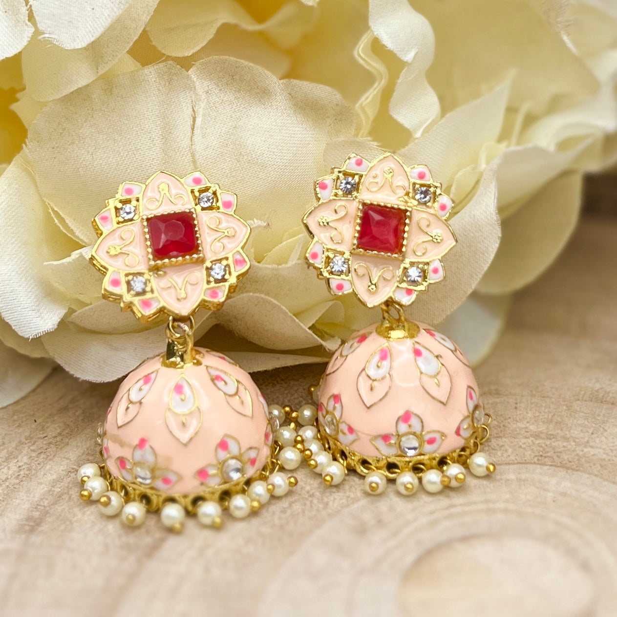 Pink Enamel Jhumka Earrings with Pearls | Traditional Indian Dome Earrings | Kundan Work Ethnic Jewelry | Wedding Festive Gift for Her
