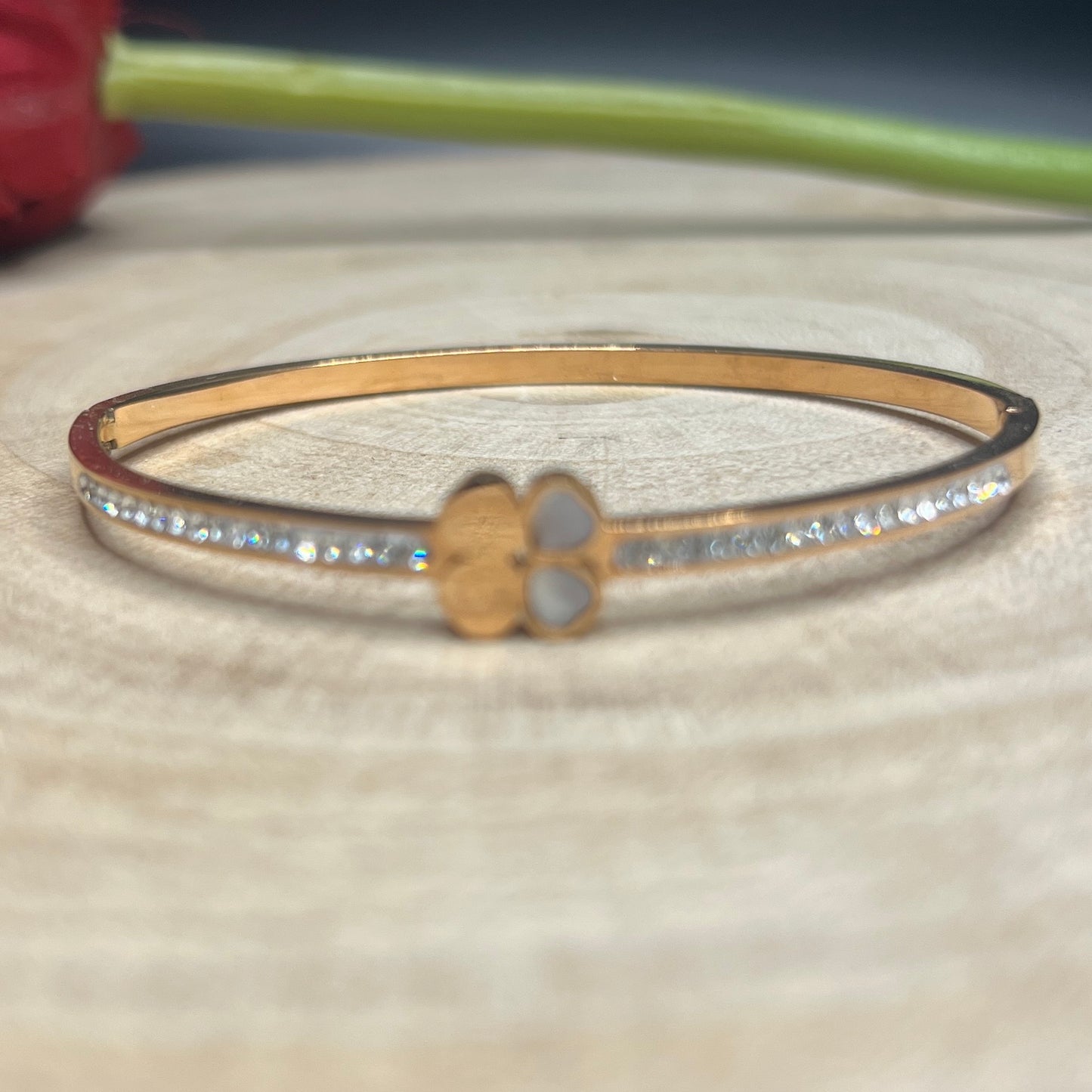 Delicate Gold Elegant Bangle-Bracelet with Clover Charm and CZ Diamonds/Sparkling Stones