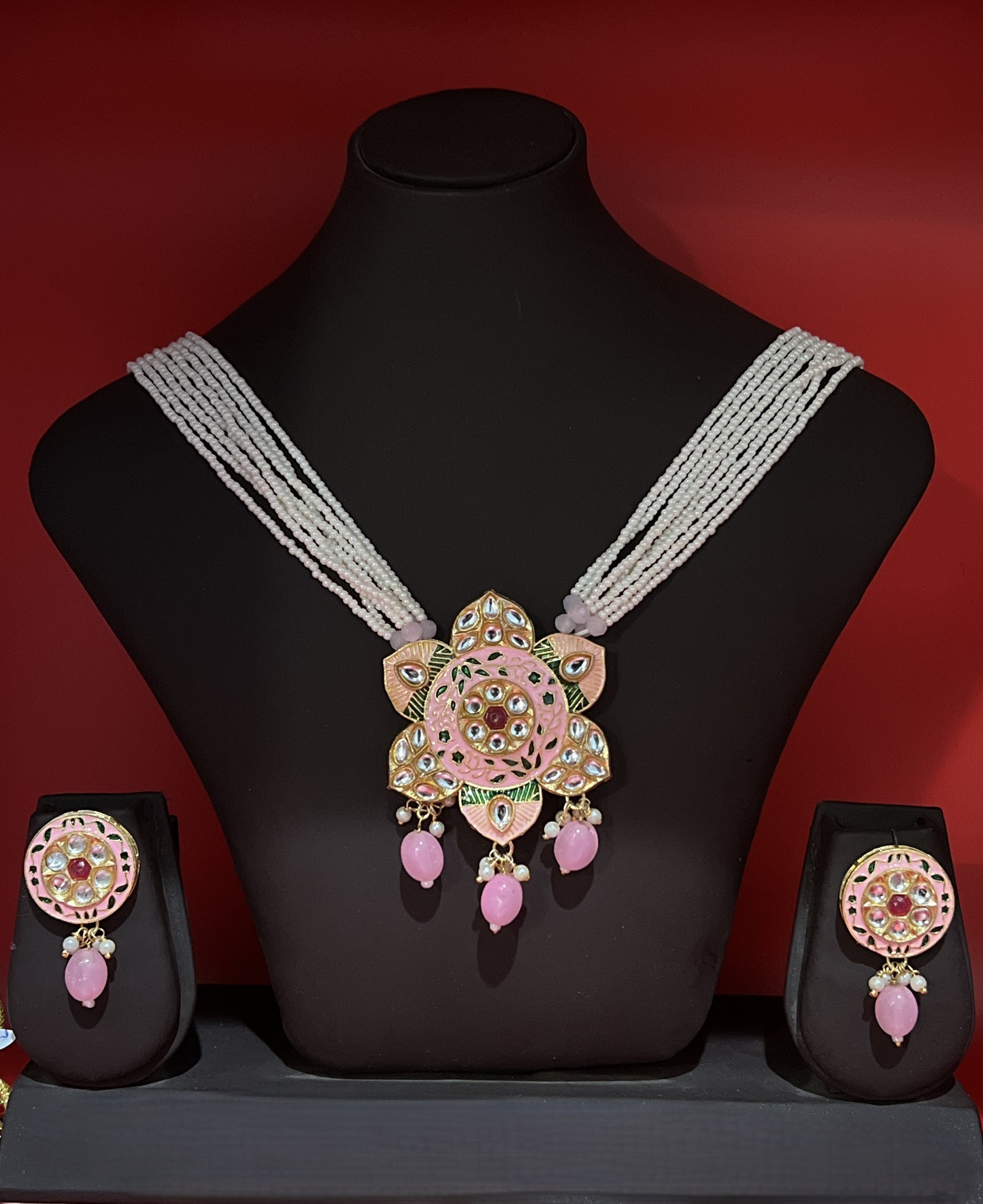The Pink Lotus Pendant with white necklace strings & Earrings Set