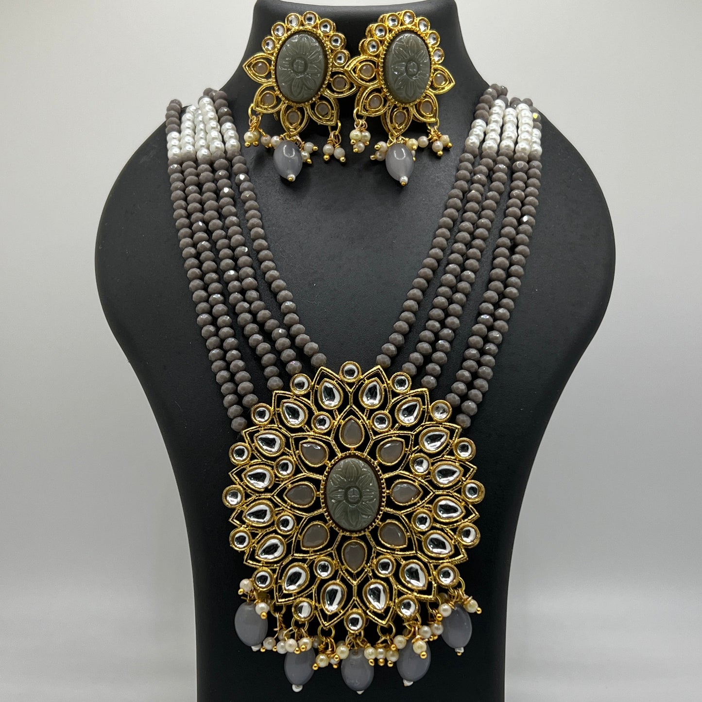 Large Gray oval stone pendant with silver kundan stones and earrings set