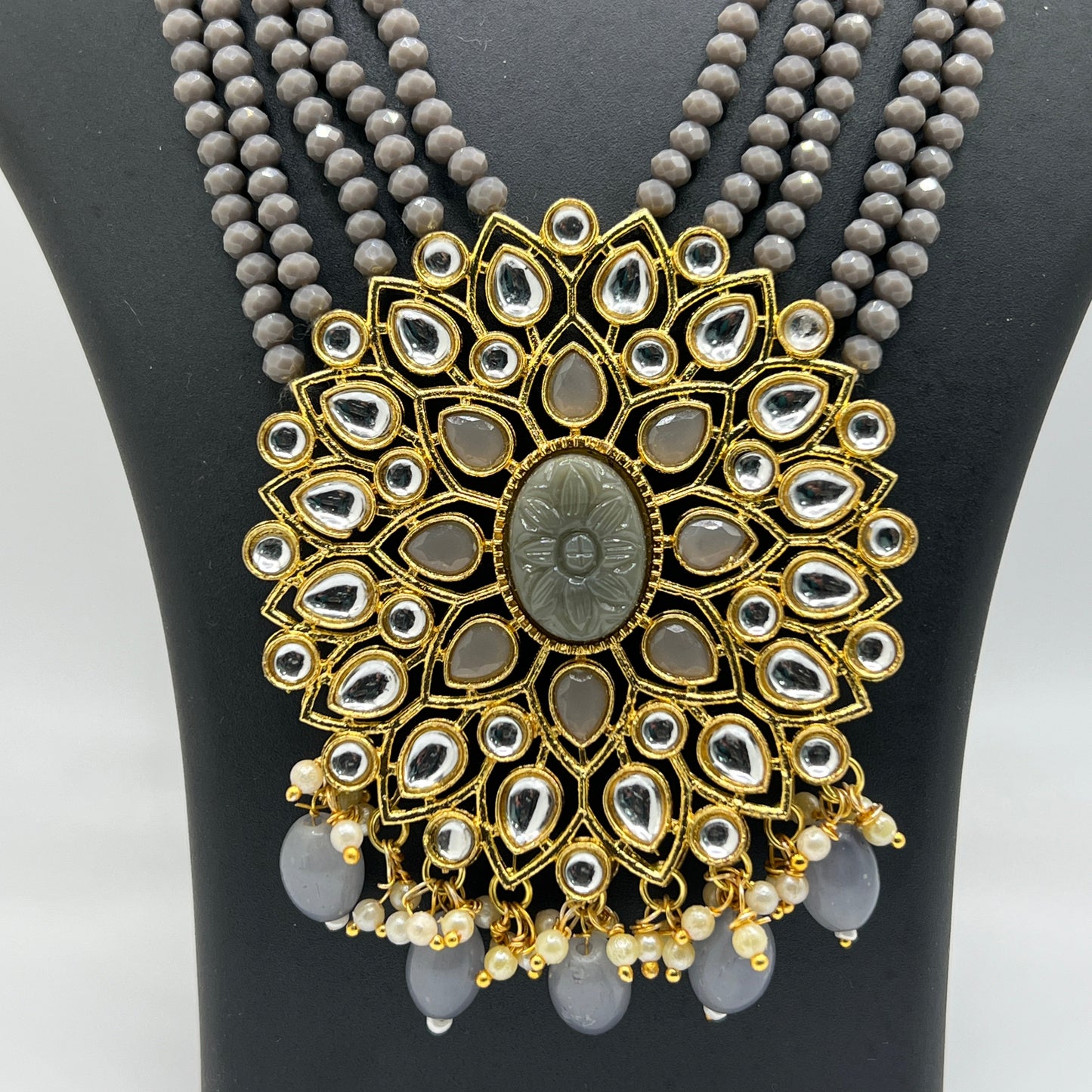 Large Gray oval stone pendant with silver kundan stones and earrings set