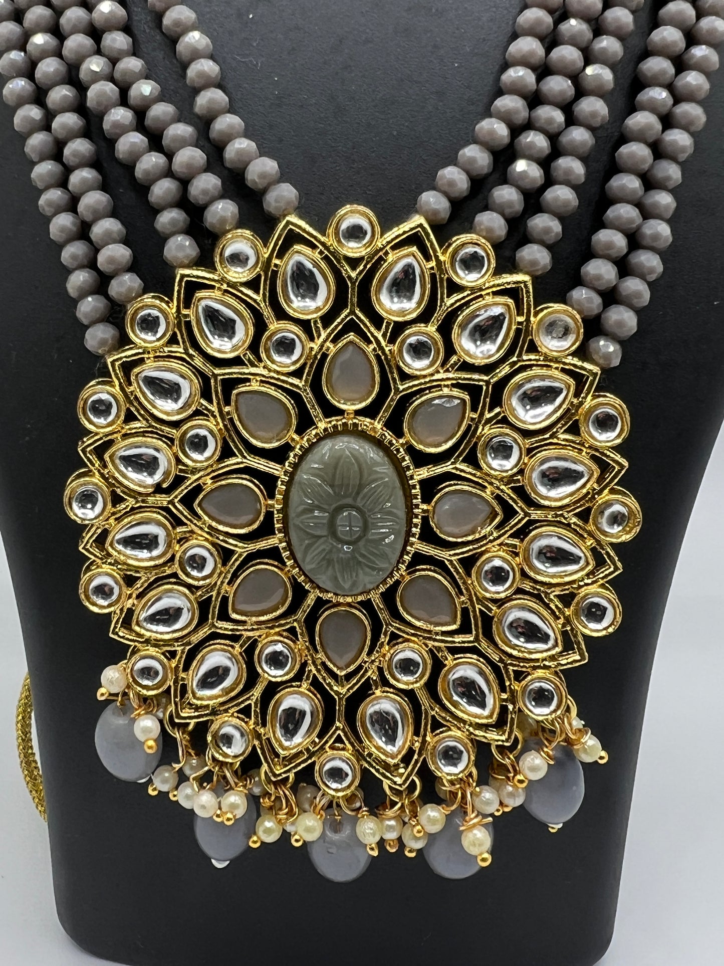 Large Gray oval stone pendant with silver kundan stones and earrings set