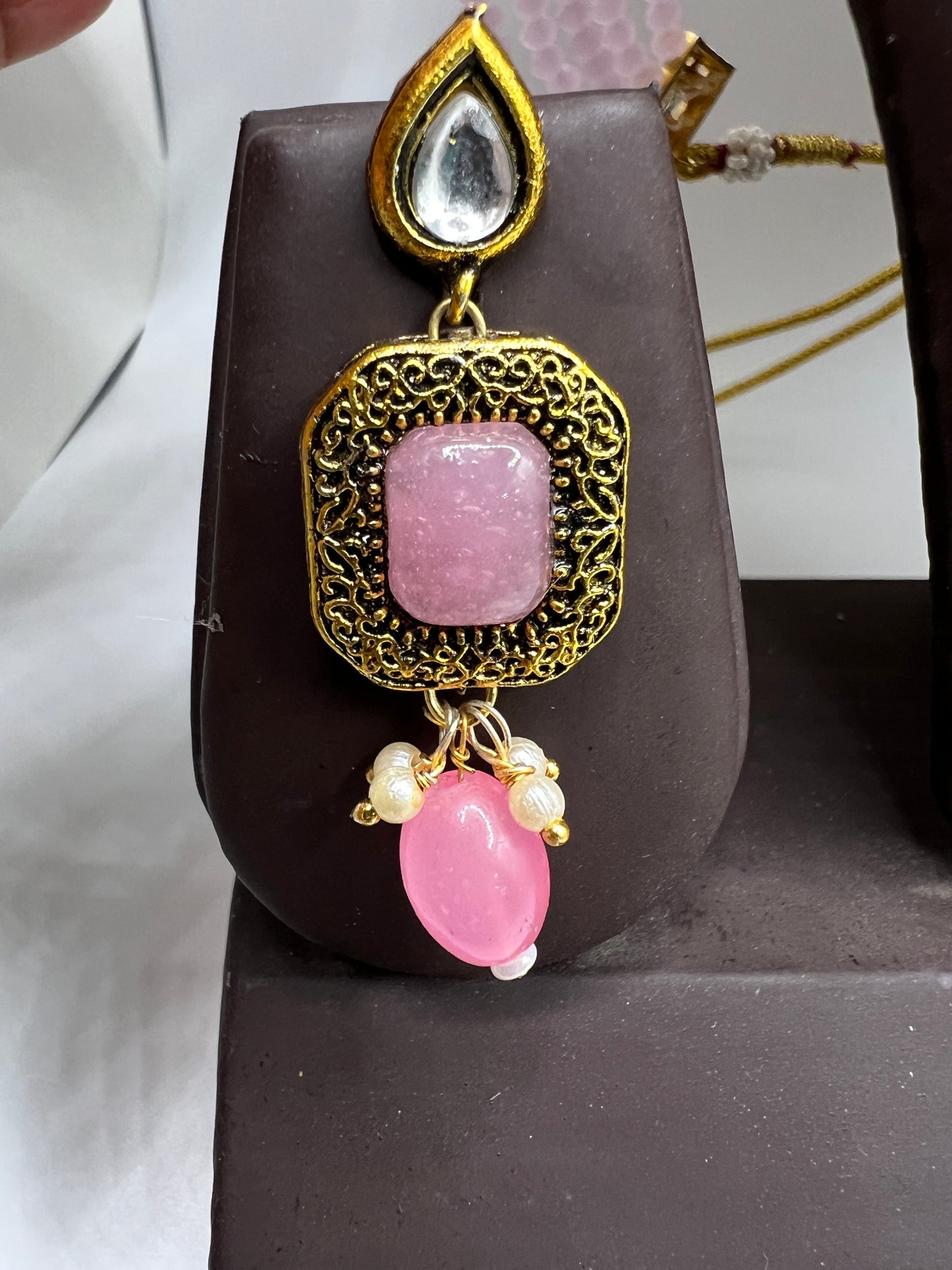 Renaissance Rose: Pink Gemstone Necklace and Earrings Set