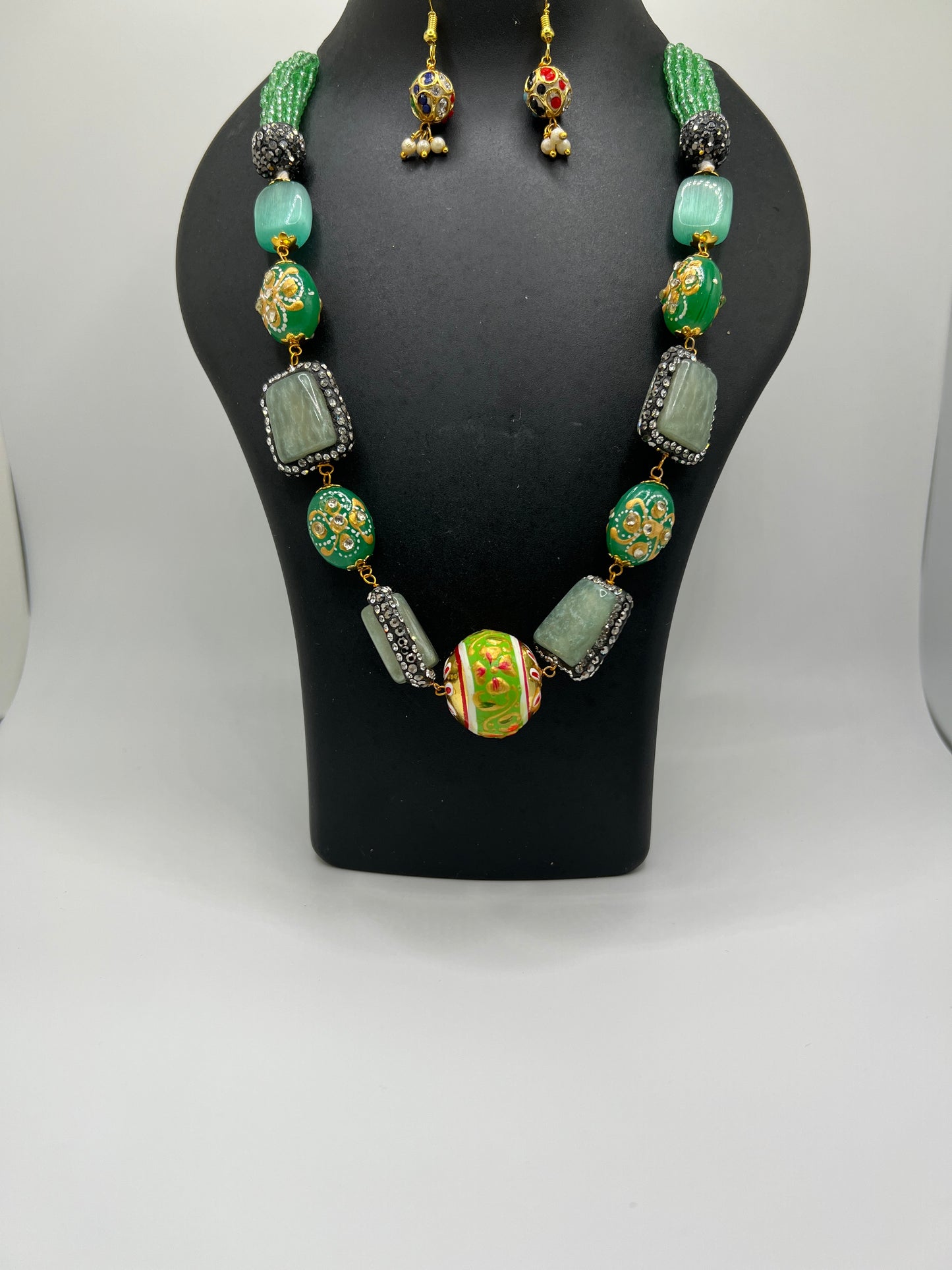 Modern Stones Necklace and earring set with Green multi Strand