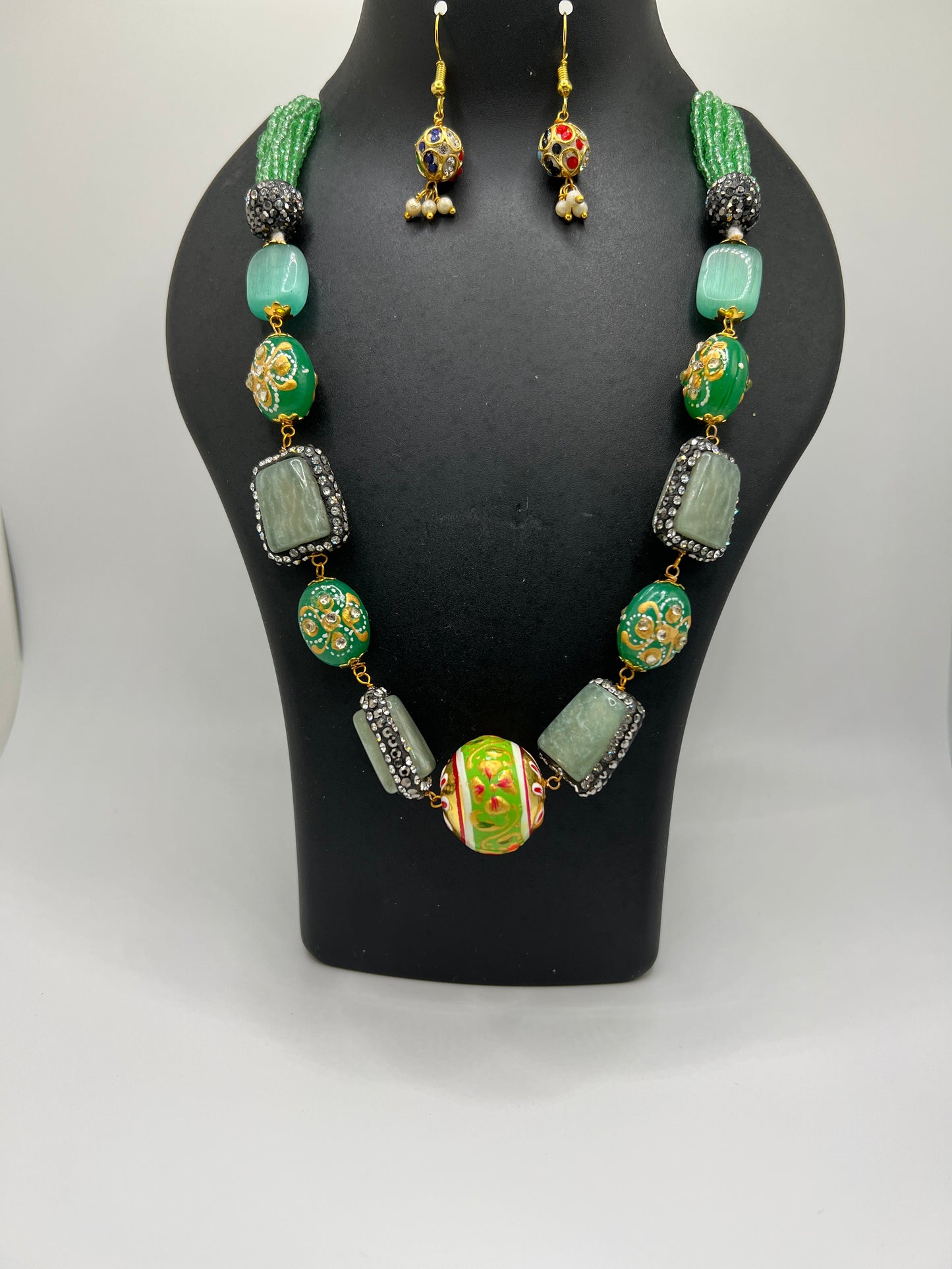 Modern Stones Necklace and earring set with Green multi Strand