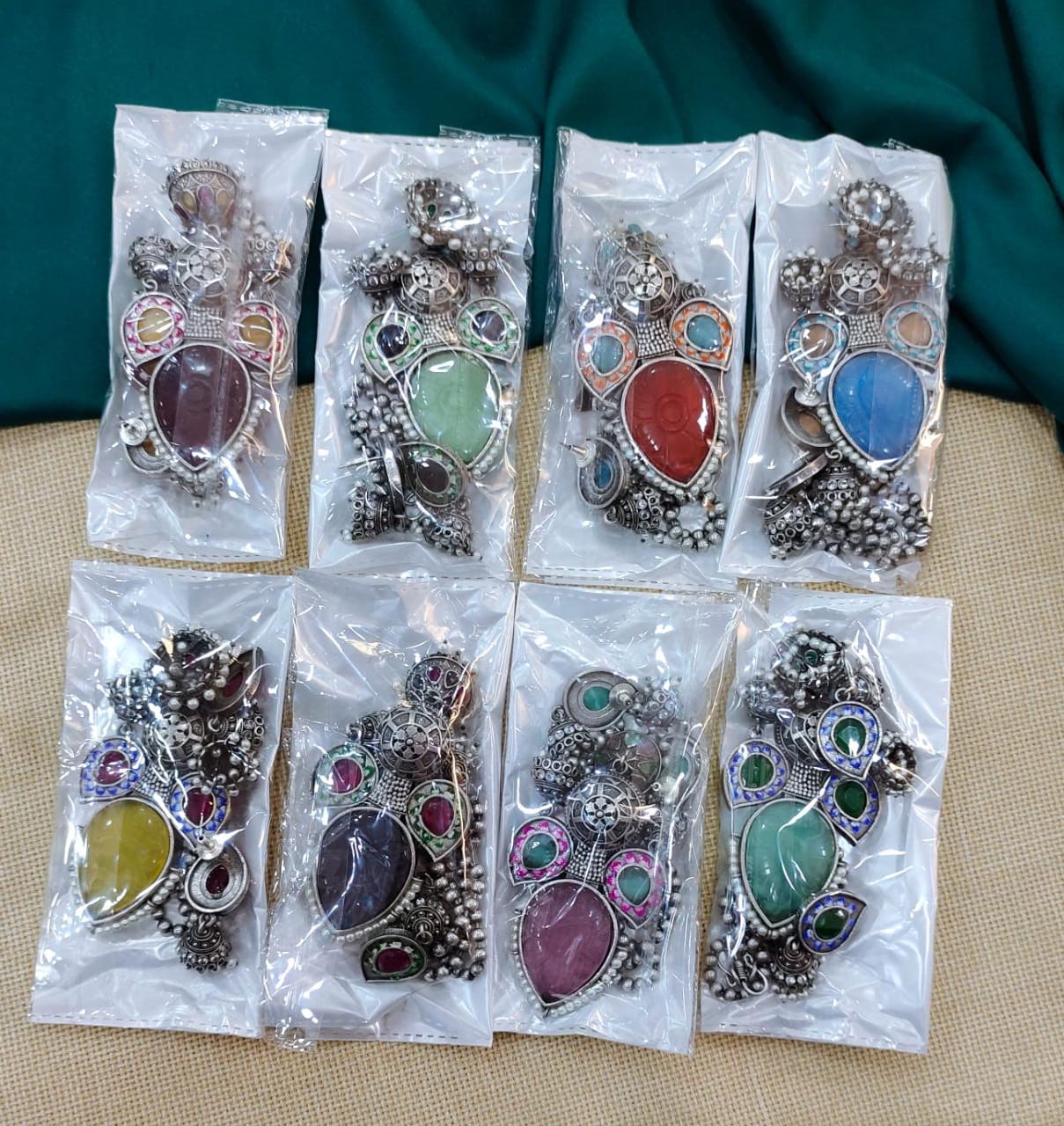 Antique Silver Tone Necklace and Earrings Set with Multicolor Stone Accents