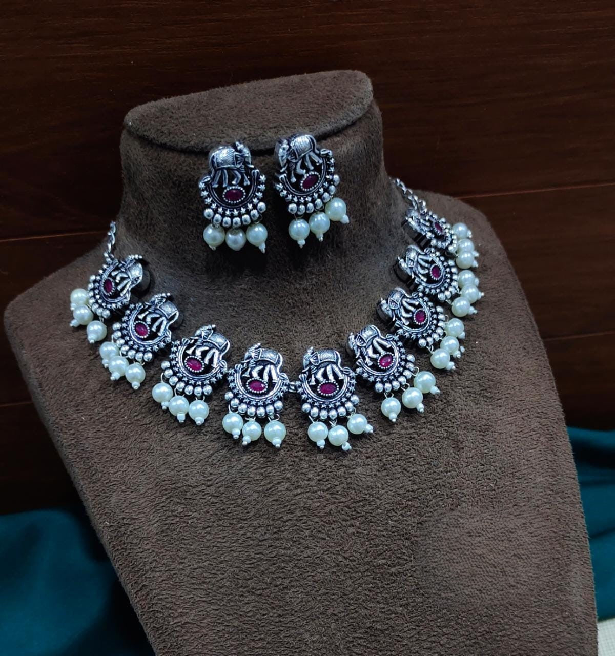 Antique Silver Tone Necklace and Earrings Set with multi or single color Stone and Pearl Accents