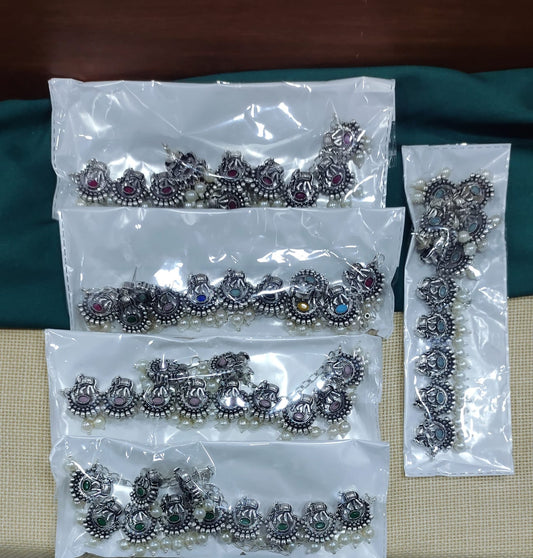 Antique Silver Tone Necklace and Earrings Set with multi or single color Stone and Pearl Accents