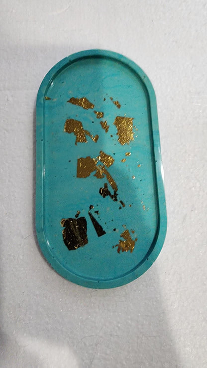 Turquoise with Gold leaf Resin Tray Handmade  – Oval Floral Trinket Dish for Jewelry & Decor