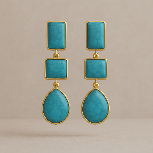 Triple Drop Turquoise Statement Earrings | Geometric Teardrop Design in Gold Finish | Artisan Handmade Jewelry Gift
