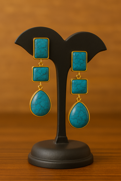 Triple Drop Turquoise Statement Earrings | Geometric Teardrop Design in Gold Finish | Artisan Handmade Jewelry Gift