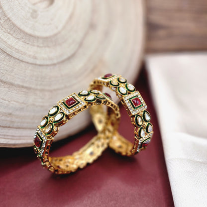 Regal Radiance: Kundan Stone Bangle Set with Ruby, Emerald, and Gold