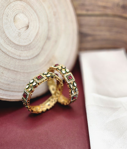 Regal Radiance: Kundan Stone Bangle Set with Ruby, Emerald, and Gold