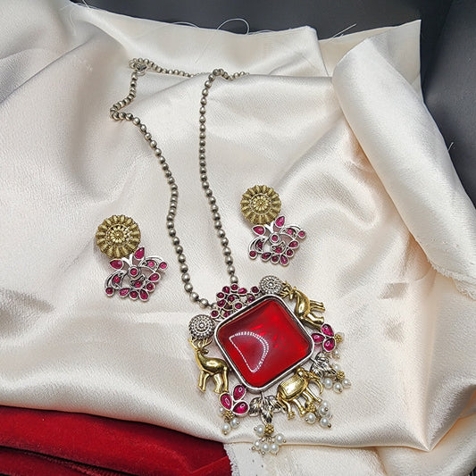 Oxidized Silver Necklace and Earrings Set with Assorted color  Stone, Elephant Motifs, and Pearl Accents