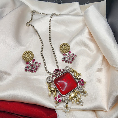 Oxidized Silver Necklace and Earrings Set with Assorted color  Stone, Elephant Motifs, and Pearl Accents