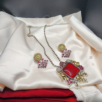 Oxidized Silver Necklace and Earrings Set with Assorted color  Stone, Elephant Motifs, and Pearl Accents