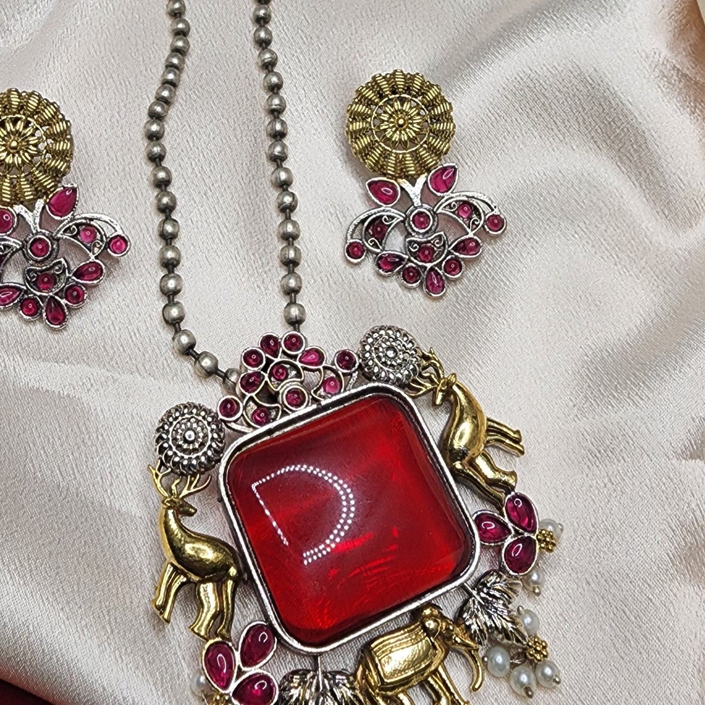 Oxidized Silver Necklace and Earrings Set with Assorted color  Stone, Elephant Motifs, and Pearl Accents